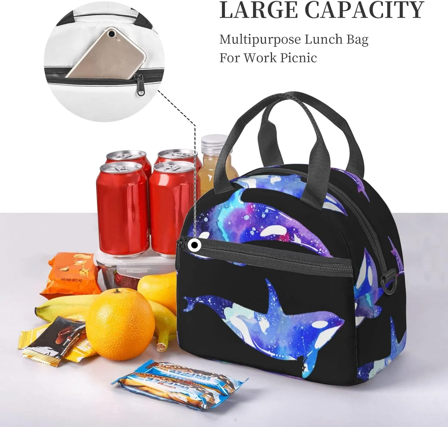 Orca Killer Whale Print Crossbody Insulated Lunch Bags For Women Men Cooler Bag Lightweight Waterproof Lunch Box