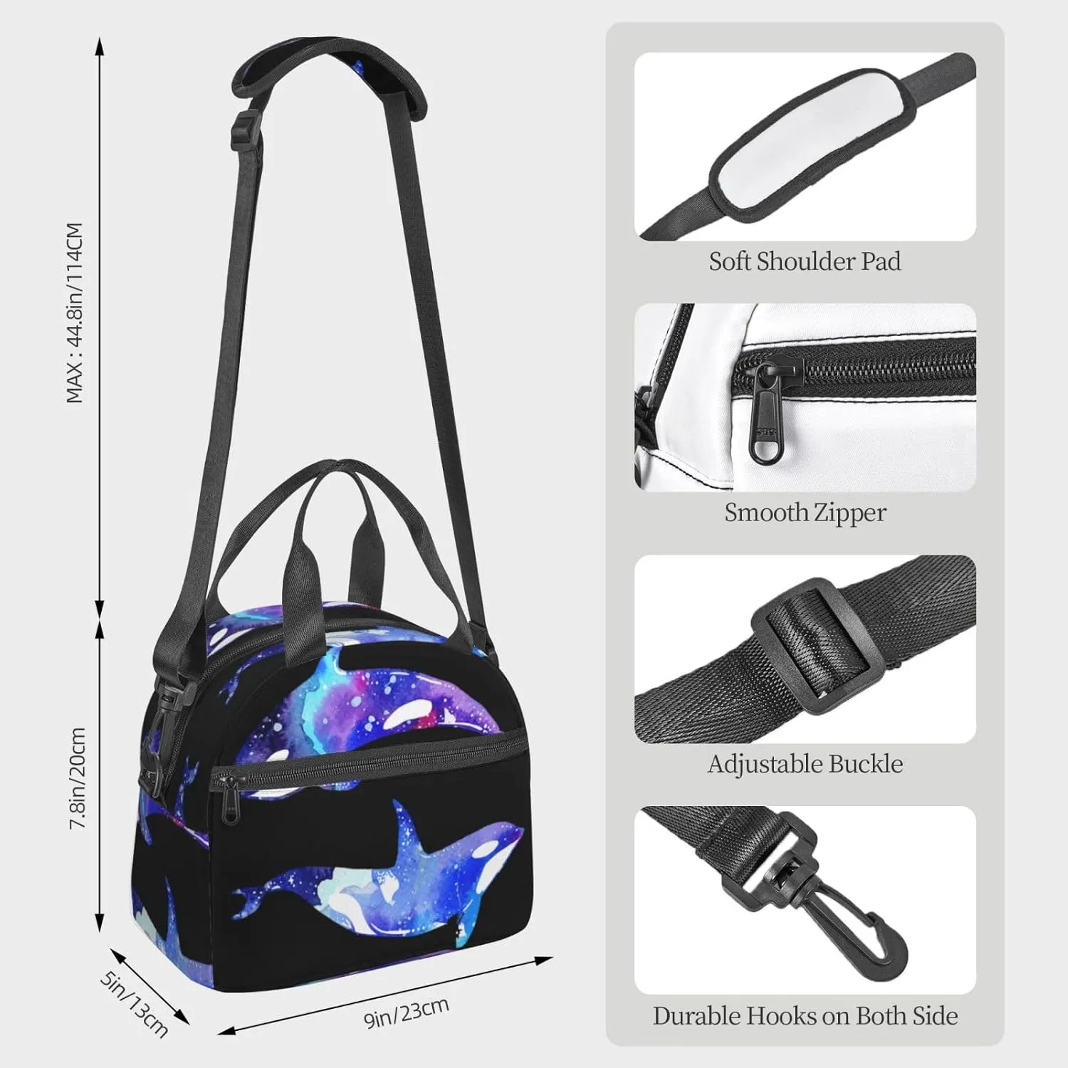 Orca Killer Whale Print Crossbody Insulated Lunch Bags For Women Men Cooler Bag Lightweight Waterproof Lunch Box