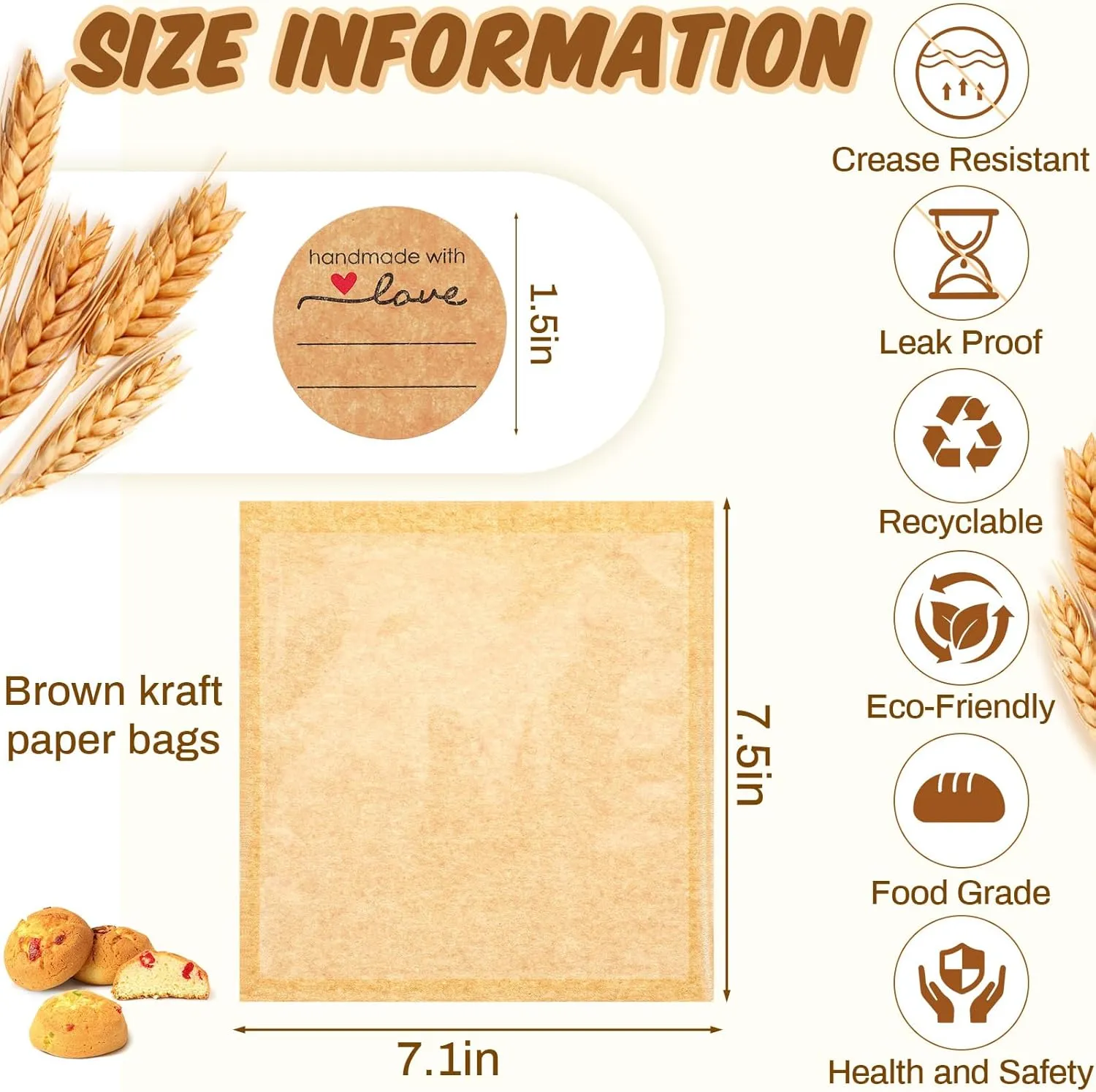 Outus 100 Pcs Heat Sealable Cookie Bags with Window Grease Resistant Kraft Bakery Pastry Bags with Paper Stickers for Packaging Donut Bread Cookie Goods Sandwich Baked Treat (7.1 x 7.5 Inch)