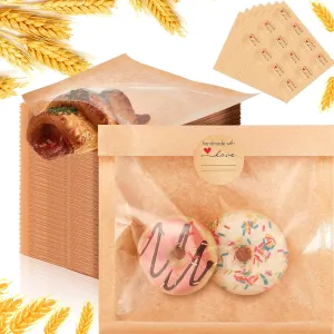 Outus 100 Pcs Heat Sealable Cookie Bags with Window Grease Resistant Kraft Bakery Pastry Bags with Paper Stickers for Packaging Donut Bread Cookie Goods Sandwich Baked Treat (7.1 x 7.5 Inch)