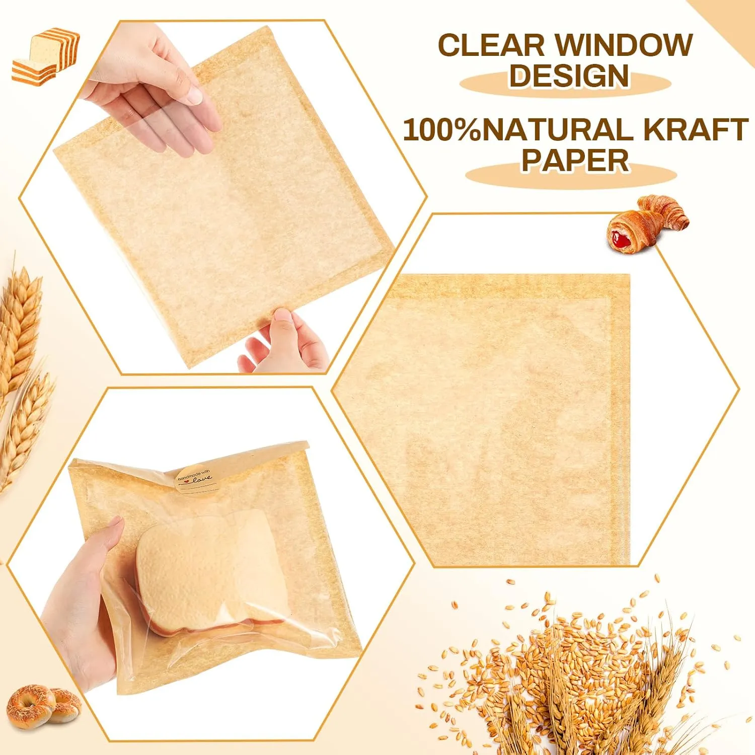 Outus 100 Pcs Heat Sealable Cookie Bags with Window Grease Resistant Kraft Bakery Pastry Bags with Paper Stickers for Packaging Donut Bread Cookie Goods Sandwich Baked Treat (7.1 x 7.5 Inch)