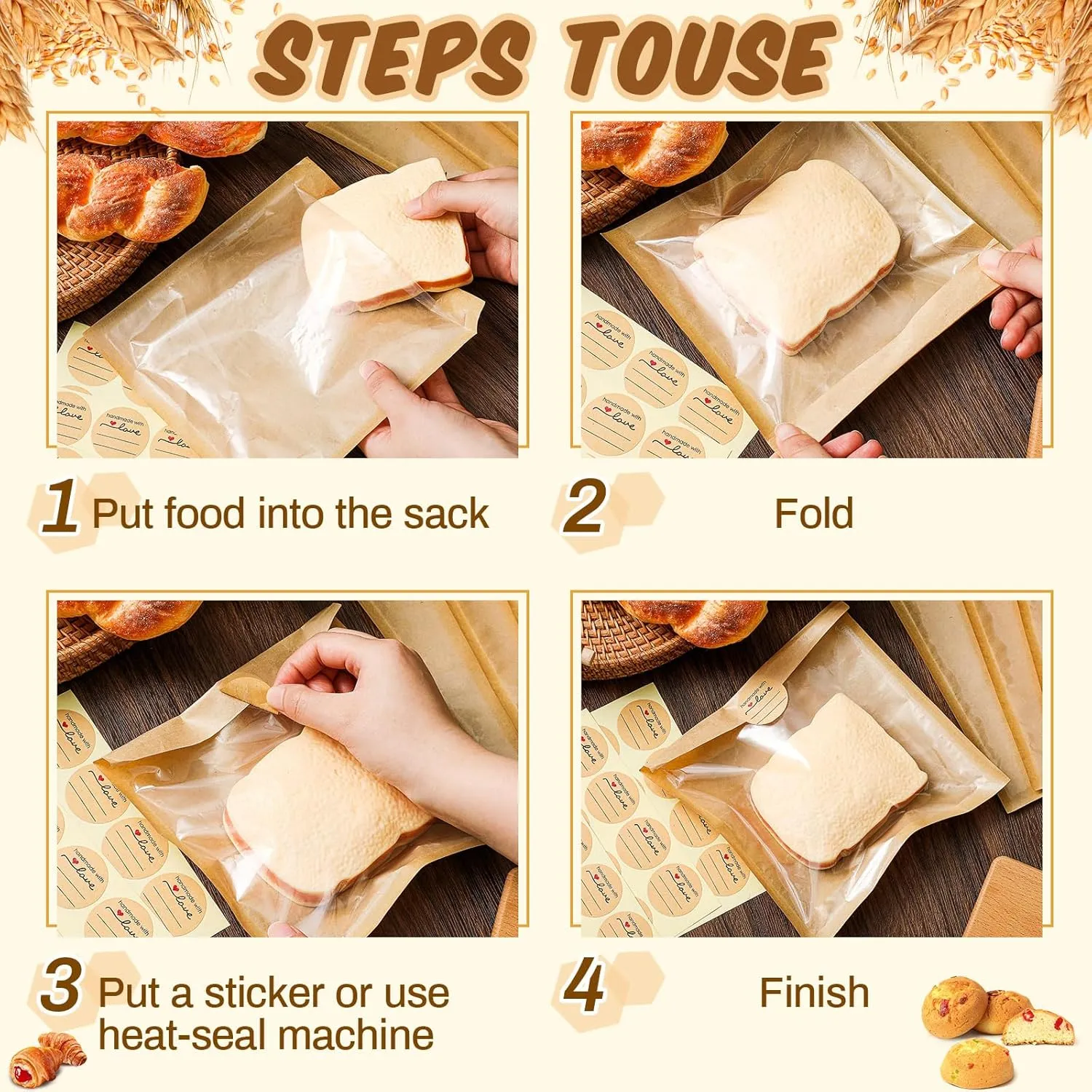 Outus 100 Pcs Heat Sealable Cookie Bags with Window Grease Resistant Kraft Bakery Pastry Bags with Paper Stickers for Packaging Donut Bread Cookie Goods Sandwich Baked Treat (7.1 x 7.5 Inch)