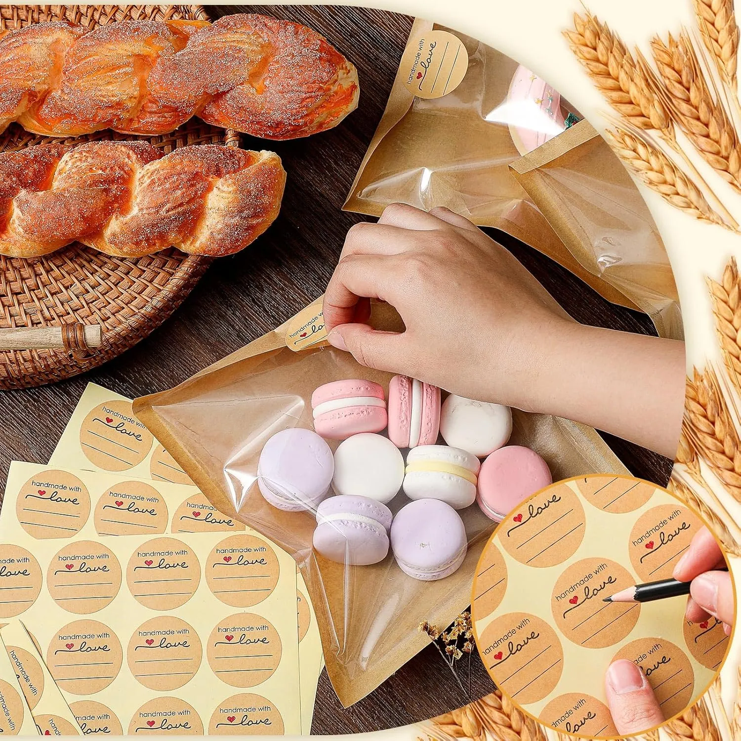 Outus 100 Pcs Heat Sealable Cookie Bags with Window Grease Resistant Kraft Bakery Pastry Bags with Paper Stickers for Packaging Donut Bread Cookie Goods Sandwich Baked Treat (7.1 x 7.5 Inch)