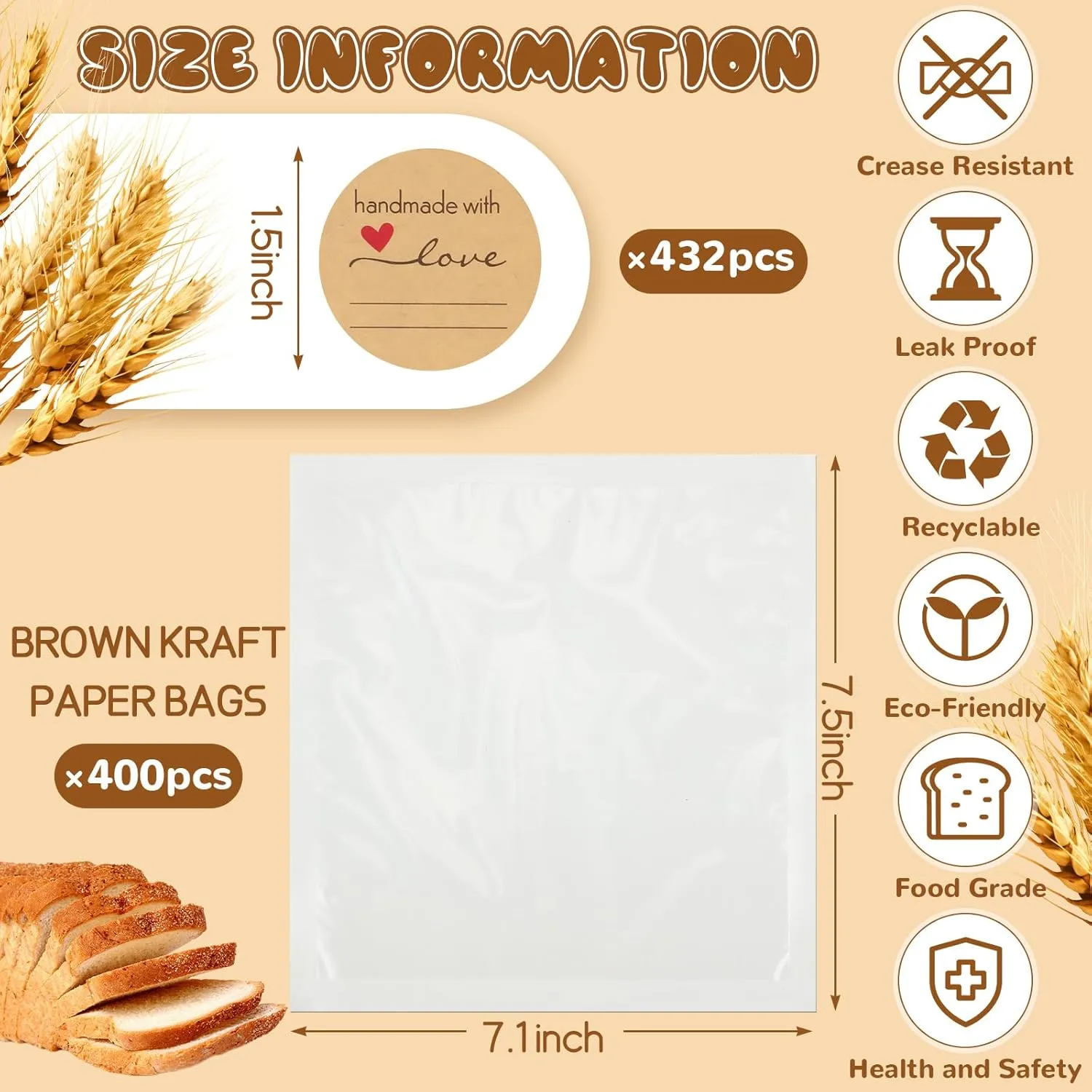 Outus 400 Pcs White Cookie Bags with Window 7.1 x 7.5 Inch Heat Sealable Grease Resistant Kraft Bakery Pastry Bags with Paper Stickers for Packaging Donut Bread Cookie Goods Sandwich Baked Treat