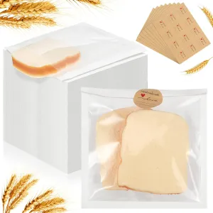 Outus 400 Pcs White Cookie Bags with Window 7.1 x 7.5 Inch Heat Sealable Grease Resistant Kraft Bakery Pastry Bags with Paper Stickers for Packaging Donut Bread Cookie Goods Sandwich Baked Treat