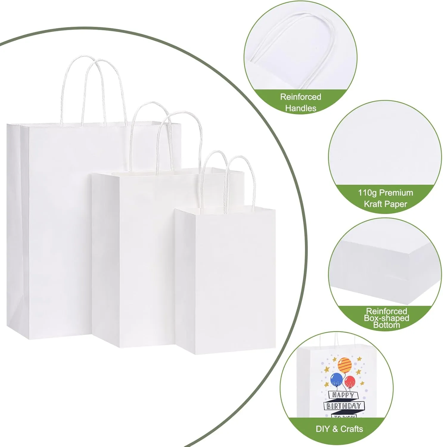 OUTUXED 120pcs Paper Bags with Handles Assorted Sizes Kraft White Paper Gift Bags Bulk 3 Mixed Sizes for Retail, Party, Birthday, Gift, Shopping, Business, Merchandise
