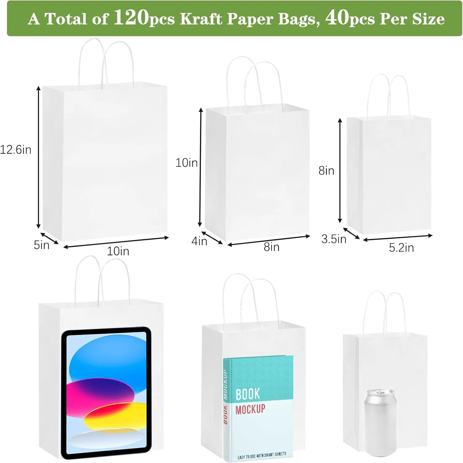 OUTUXED 120pcs Paper Bags with Handles Assorted Sizes Kraft White Paper Gift Bags Bulk 3 Mixed Sizes for Retail, Party, Birthday, Gift, Shopping, Business, Merchandise