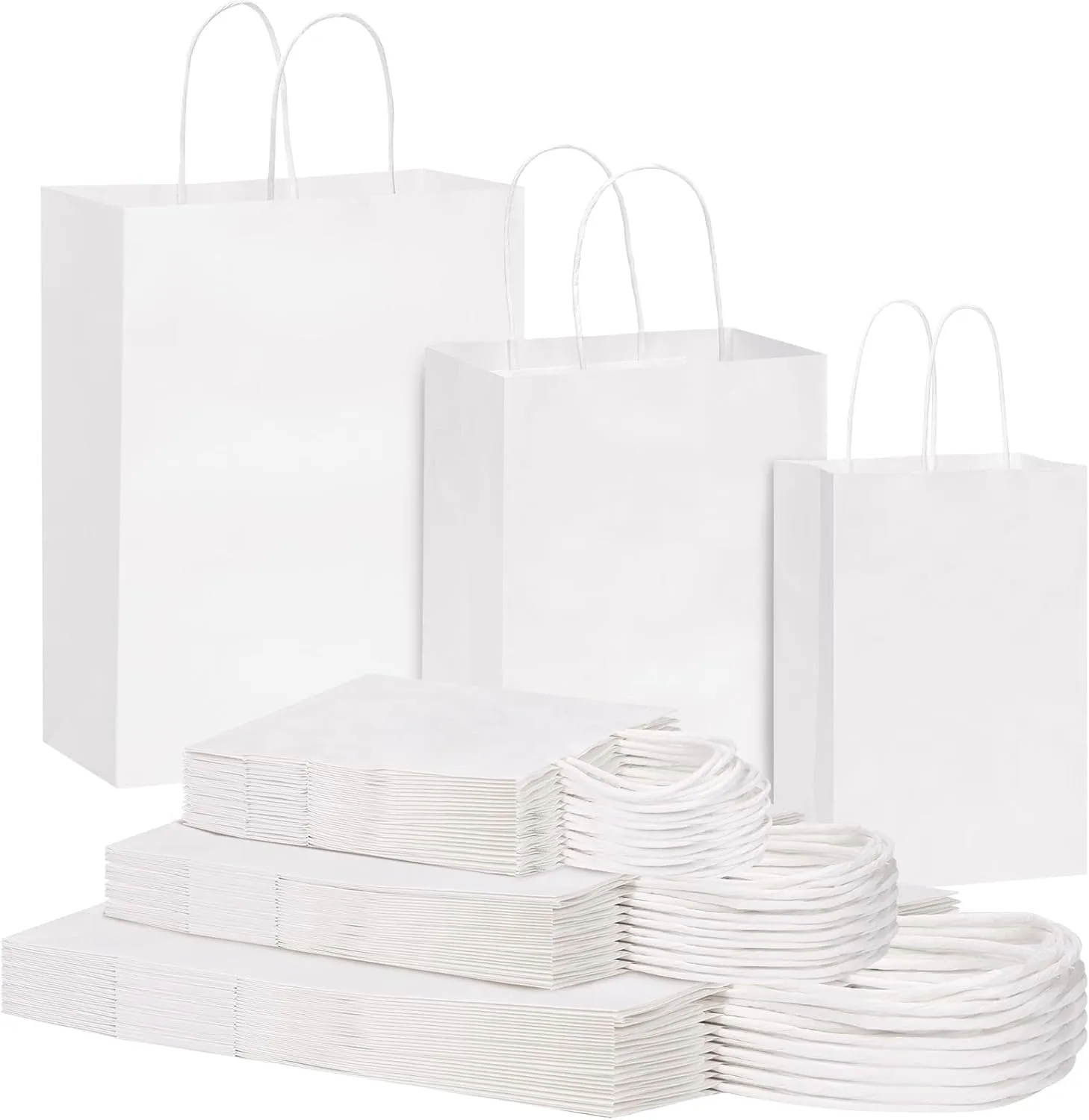 OUTUXED 120pcs Paper Bags with Handles Assorted Sizes Kraft White Paper Gift Bags Bulk 3 Mixed Sizes for Retail, Party, Birthday, Gift, Shopping, Business, Merchandise