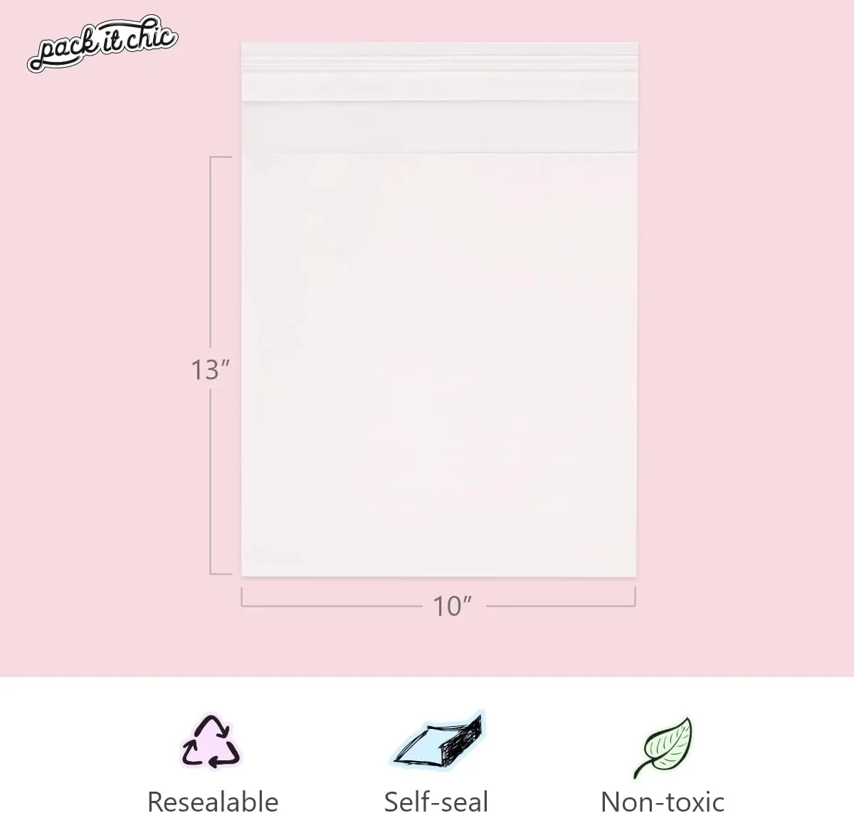 Pack It Chic - 10” X 13” (200 Pack) Clear Resealable Cello Bags - Fits 10X13 Prints, Photos, Documents - Self Seal