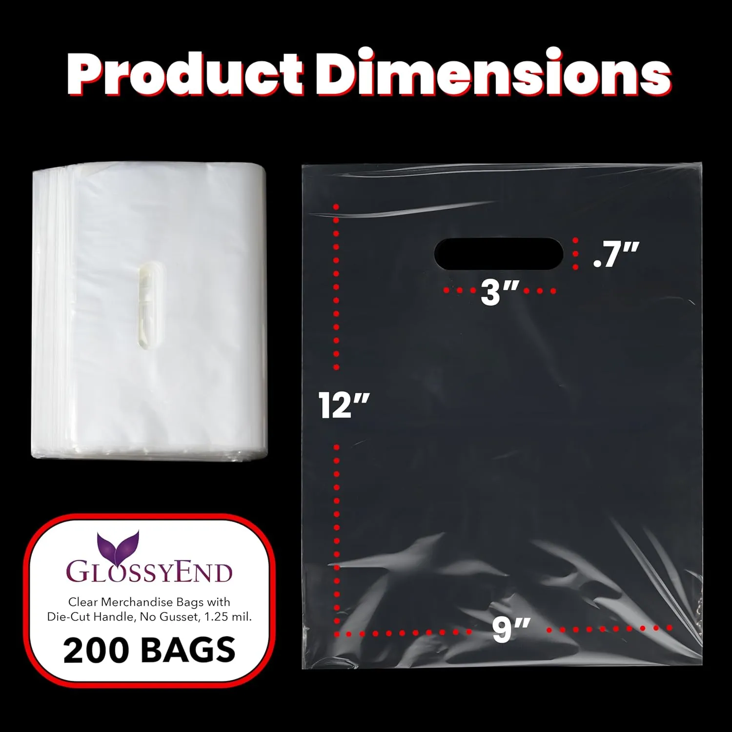 Pack of 200 Clear Glossy Merchandise Bags, Shopping Bags, 9” X 12” with Die Cut Handle, No Gusset, 1.25 Mil.