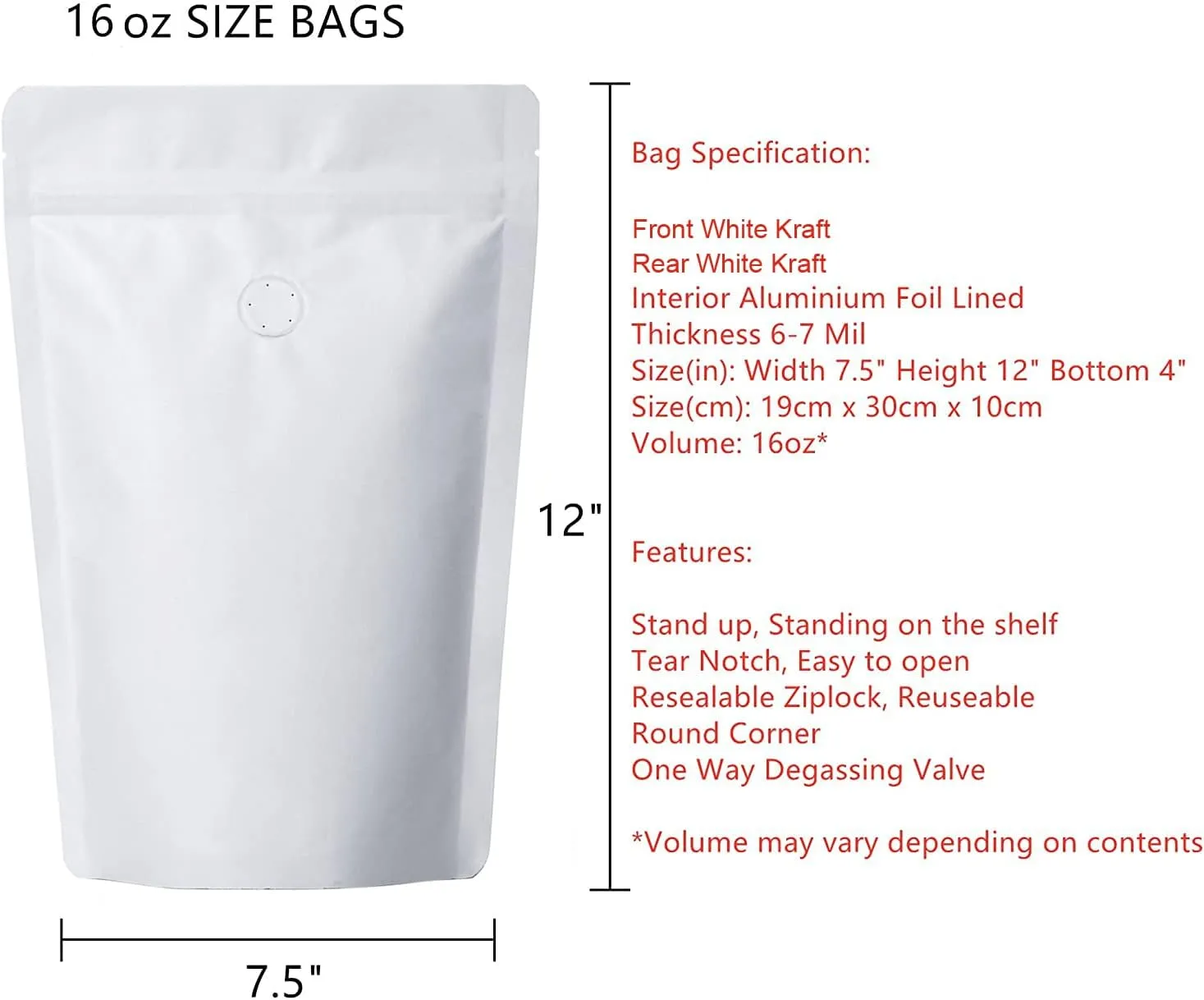 Pack of 50 White Kraft Paper Coffee Bags with Degassing Valve, Stand-up Coffee Pouches in Food Grade with Resealable Zipper Lock (16oz,1lb, 50 Pieces)