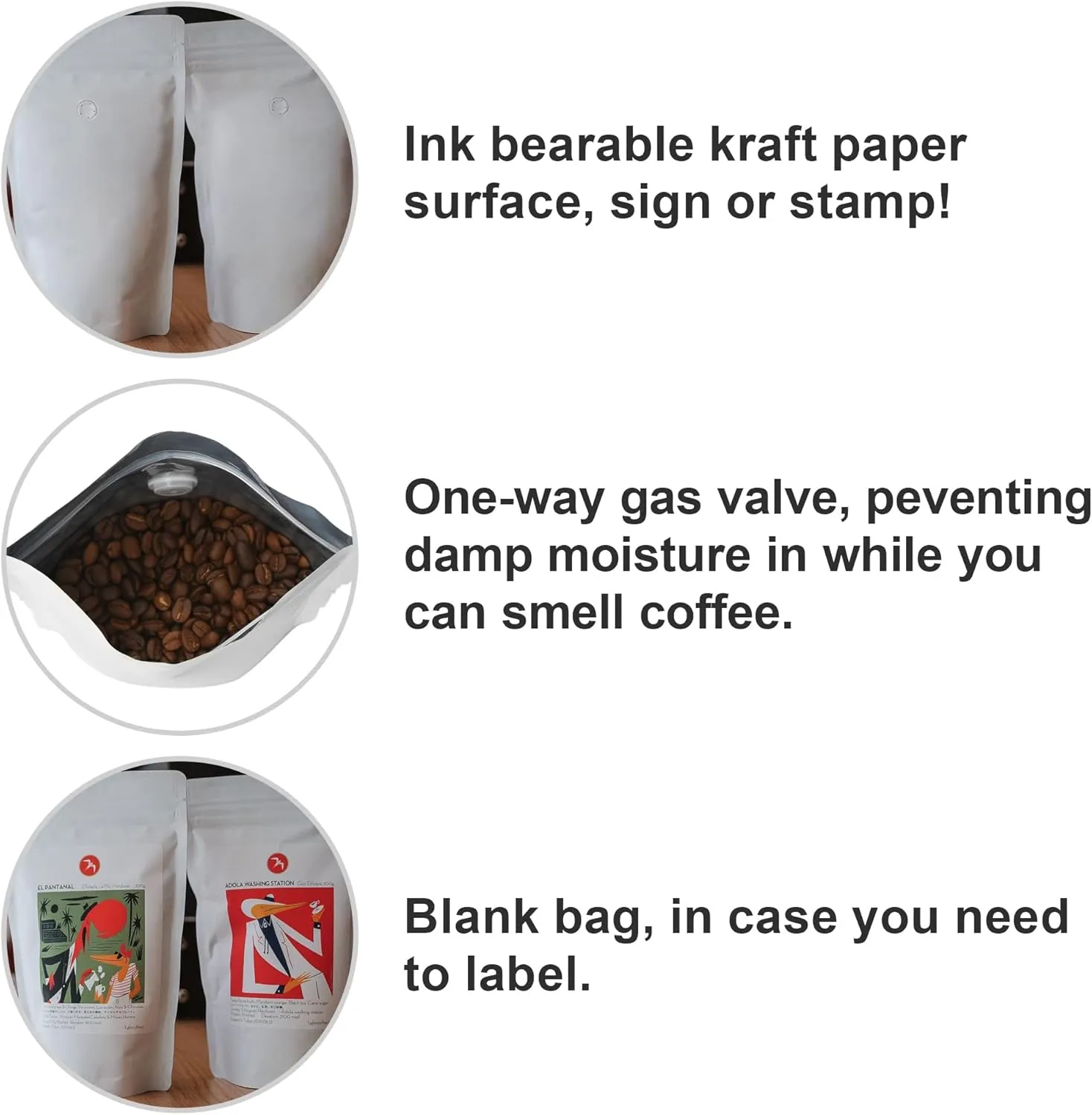 Pack of 50 White Kraft Paper Coffee Bags with Degassing Valve, Stand-up Coffee Pouches in Food Grade with Resealable Zipper Lock (16oz,1lb, 50 Pieces)