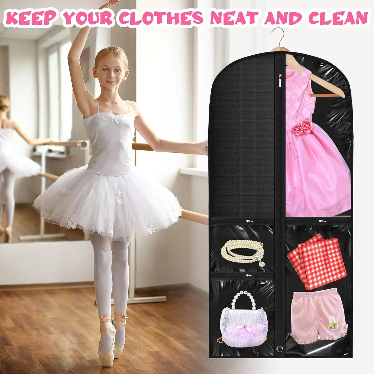 Paterr 10 Pcs 50 Inch Transparent Dance Costume Garment Bag Plastic Dance Garment Cover with Zippered Pocket Clothes Protectors for Hanging Clothes Costume Organizer for Travel Storage(Black)