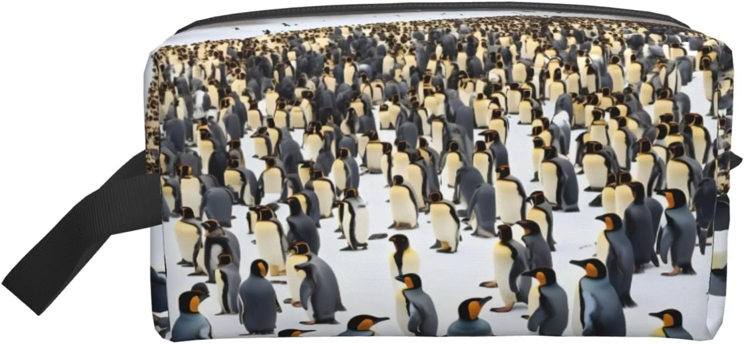 penguins in the snow Print Portable Makeup Pouch Travel Toiletry Bag Storage Bags with Handles Large Capacity