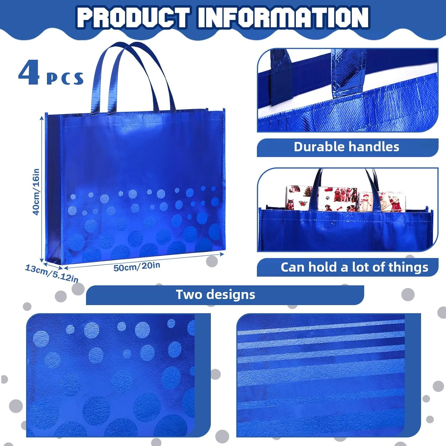 PerKoop 4 Pcs 20 x 16 Inch Extra Large Christmas Gift Bags Jumbo Blue Foil Stripes Gift Bag Large Tote Bag with Handles Reusable Non Woven Gift Bags for Hanukkah Christmas Father's Day