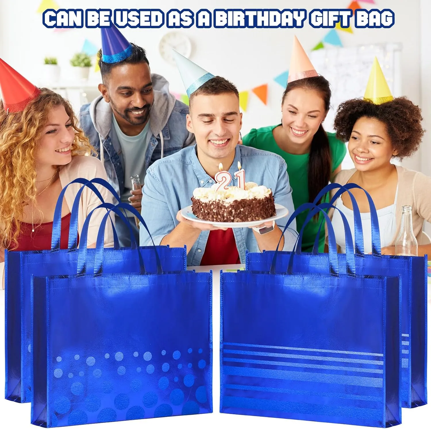 PerKoop 4 Pcs 20 x 16 Inch Extra Large Christmas Gift Bags Jumbo Blue Foil Stripes Gift Bag Large Tote Bag with Handles Reusable Non Woven Gift Bags for Hanukkah Christmas Father's Day
