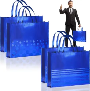 PerKoop 4 Pcs 20 x 16 Inch Extra Large Christmas Gift Bags Jumbo Blue Foil Stripes Gift Bag Large Tote Bag with Handles Reusable Non Woven Gift Bags for Hanukkah Christmas Father's Day