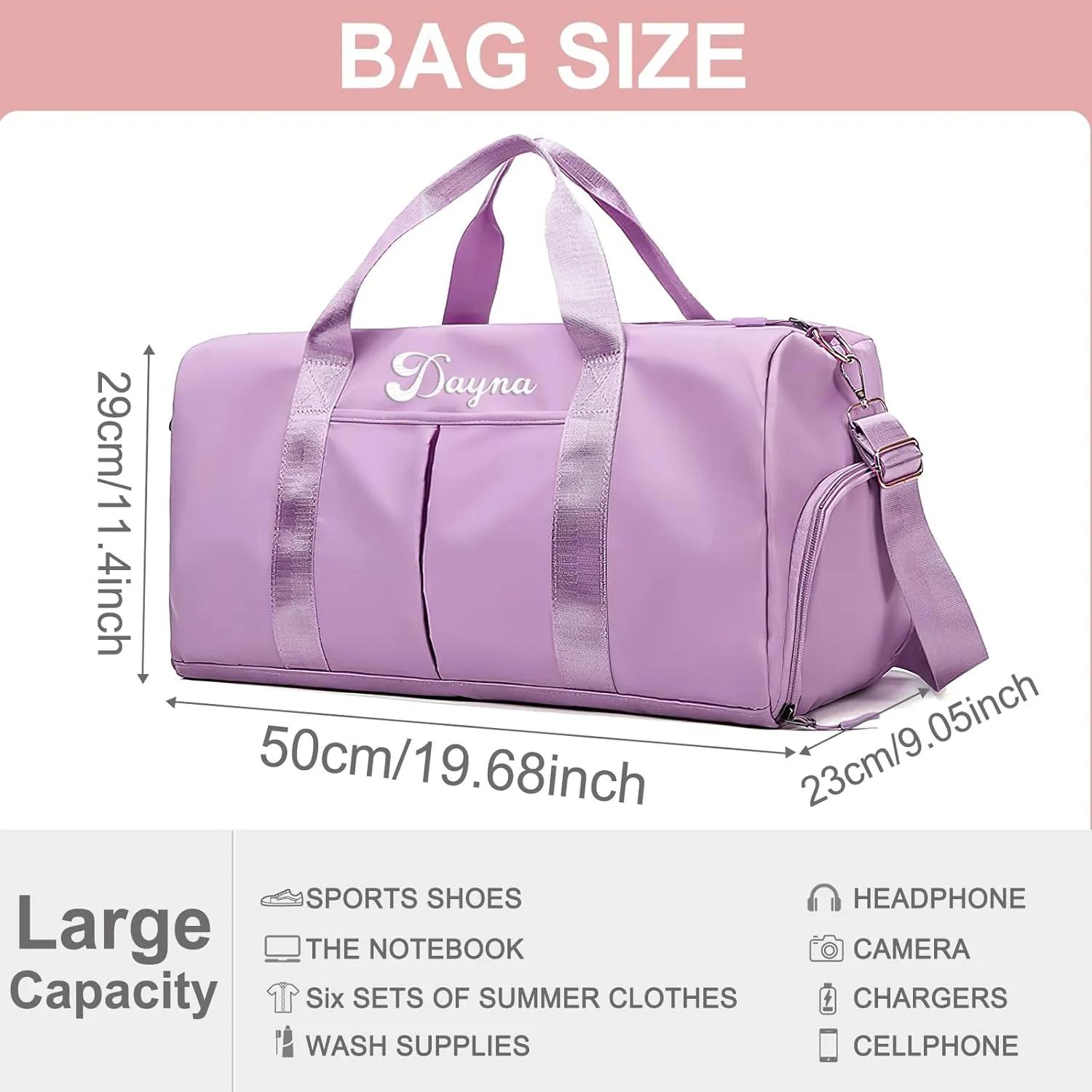 Personalized Duffel Bag Custom Embroidered Name Travel Bag Customized Weekender Overnight Sport Tote Bag for Women Men with Wet Dry Pockets Purple