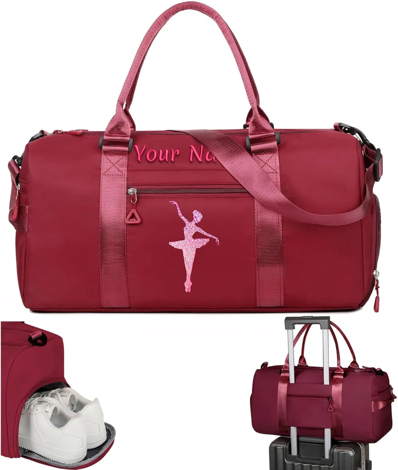 Personalized Embroidered Duffel Bag, Custom Sports Gym Bag with Name for Man Women, Girls Dance Bag Weekend Bag Travel Bag - with Shoulder Strap & Wet Dry Pockets & Shoe Compartment - Deep Red