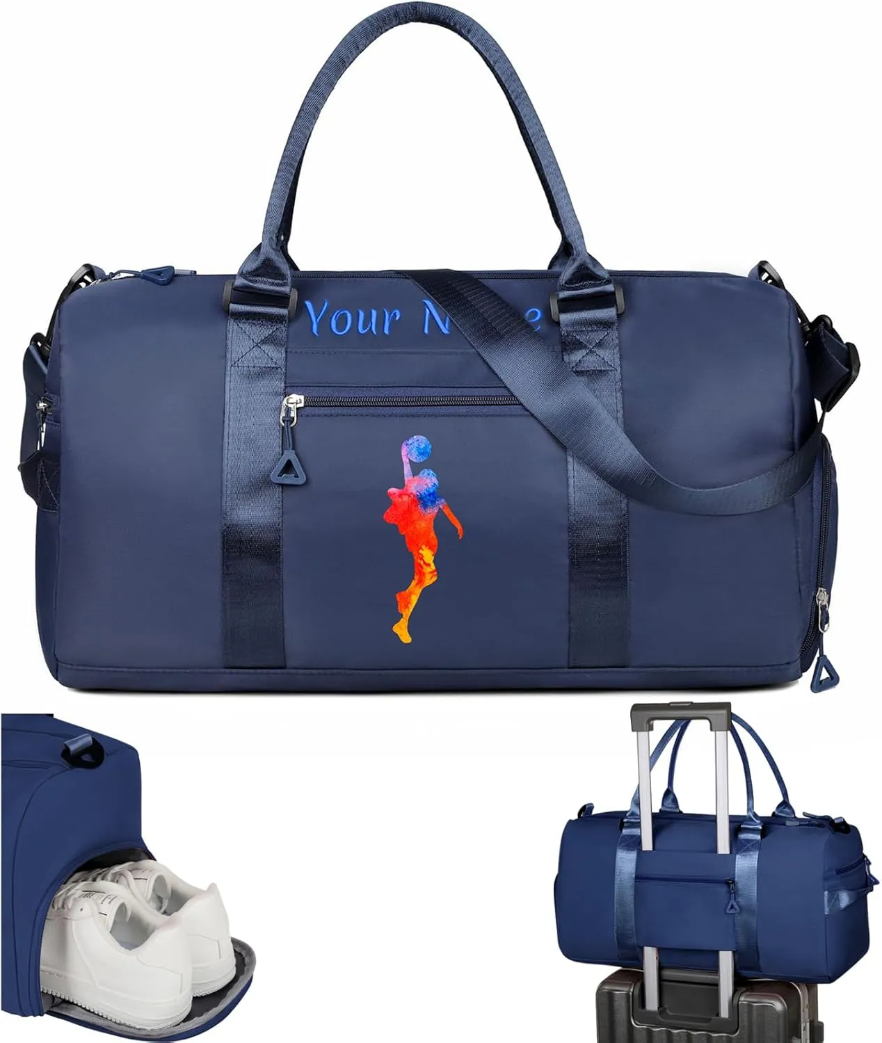 Personalized Embroidered Duffel Bag, Custom Sports Gym Bag with Name for Man Women, Girls Dance Bag Weekend Bag Travel Bag - with Shoulder Strap & Wet Dry Pockets & Shoe Compartment - Navy Blue