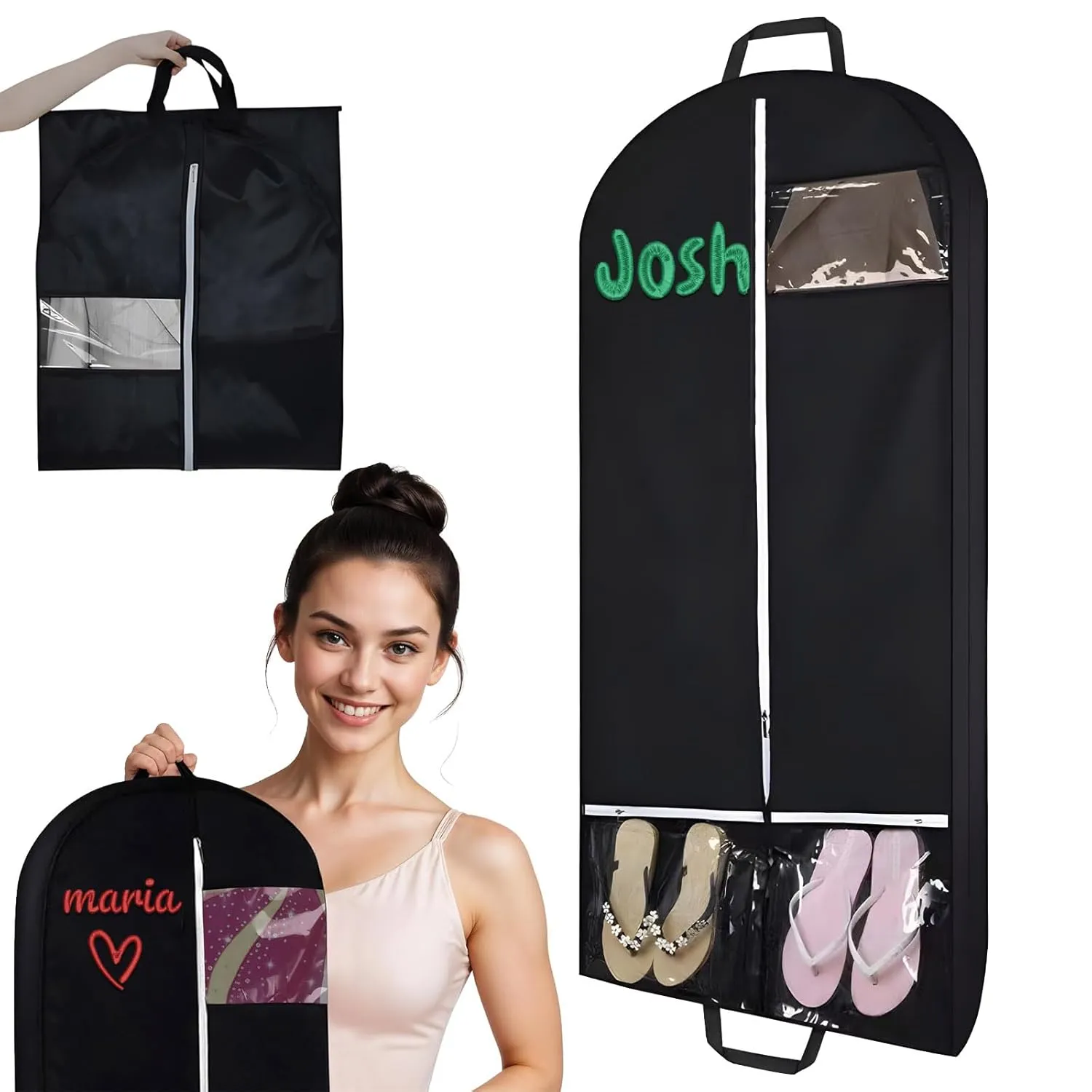Personalized Garment Bag for Hanging Clothes - Embroidered Name/Text Garment Holder with 2 Pockets for Dance Costumes, Pageant Attire, Cheerleading Uniforms Clergy Outfits Cover Bag
