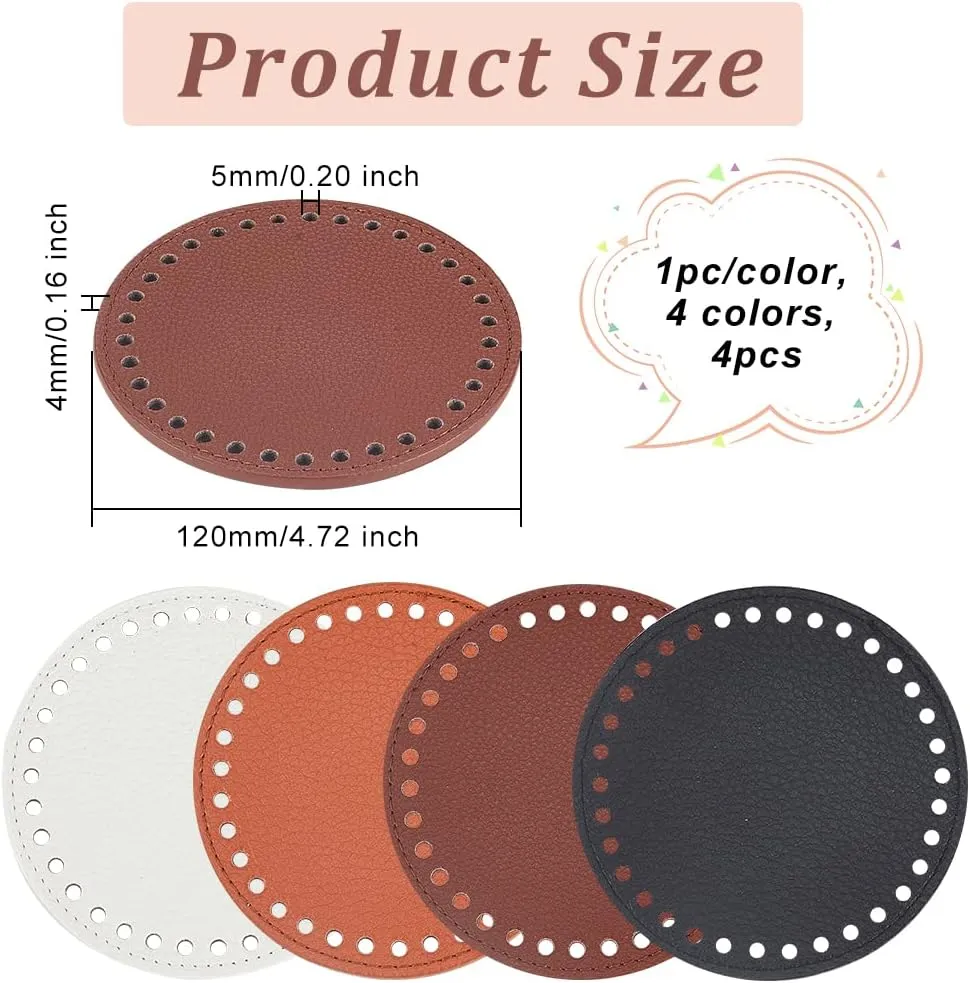 PH PandaHall 4 Colors Bag Bottom Base Pad, 4.7" Round Crochet Bag Bottom PU Leather Bag Base with Holes Crochet Bags Nail Bottom for Crochet Handbag Purse Shoulder Crossbody Bag Knitting, 4PCS/Set