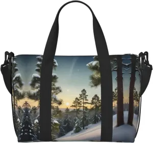 Pine Needle Tree Winter Landscape Print Small Duffel Bag Foldable Travel Bag Weekender Bag Overnight Gym Hospital Bags For Women&Men