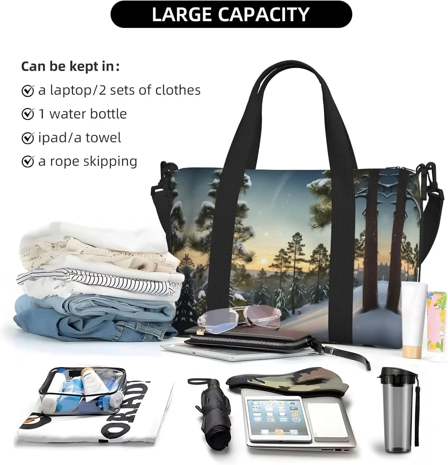 Pine Needle Tree Winter Landscape Print Small Duffel Bag Foldable Travel Bag Weekender Bag Overnight Gym Hospital Bags For Women&Men