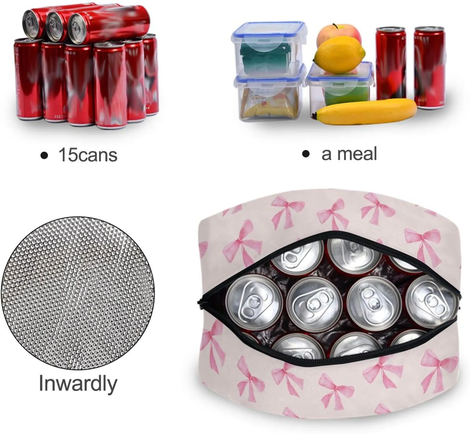 Pink Bow Lunch Bag, Insulated Lunch Box, Small Leakproof Cooler Food Lunch Containers Reusable Lunch Tote Bags for Work, Travel, Outdoor