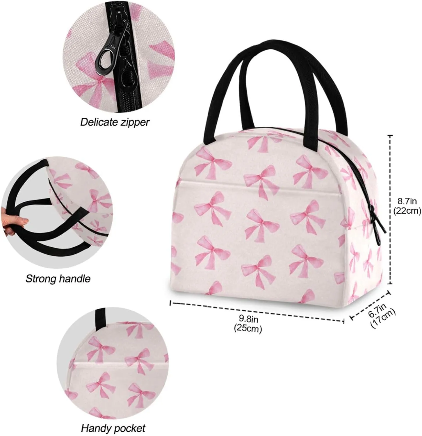 Pink Bow Lunch Bag, Insulated Lunch Box, Small Leakproof Cooler Food Lunch Containers Reusable Lunch Tote Bags for Work, Travel, Outdoor