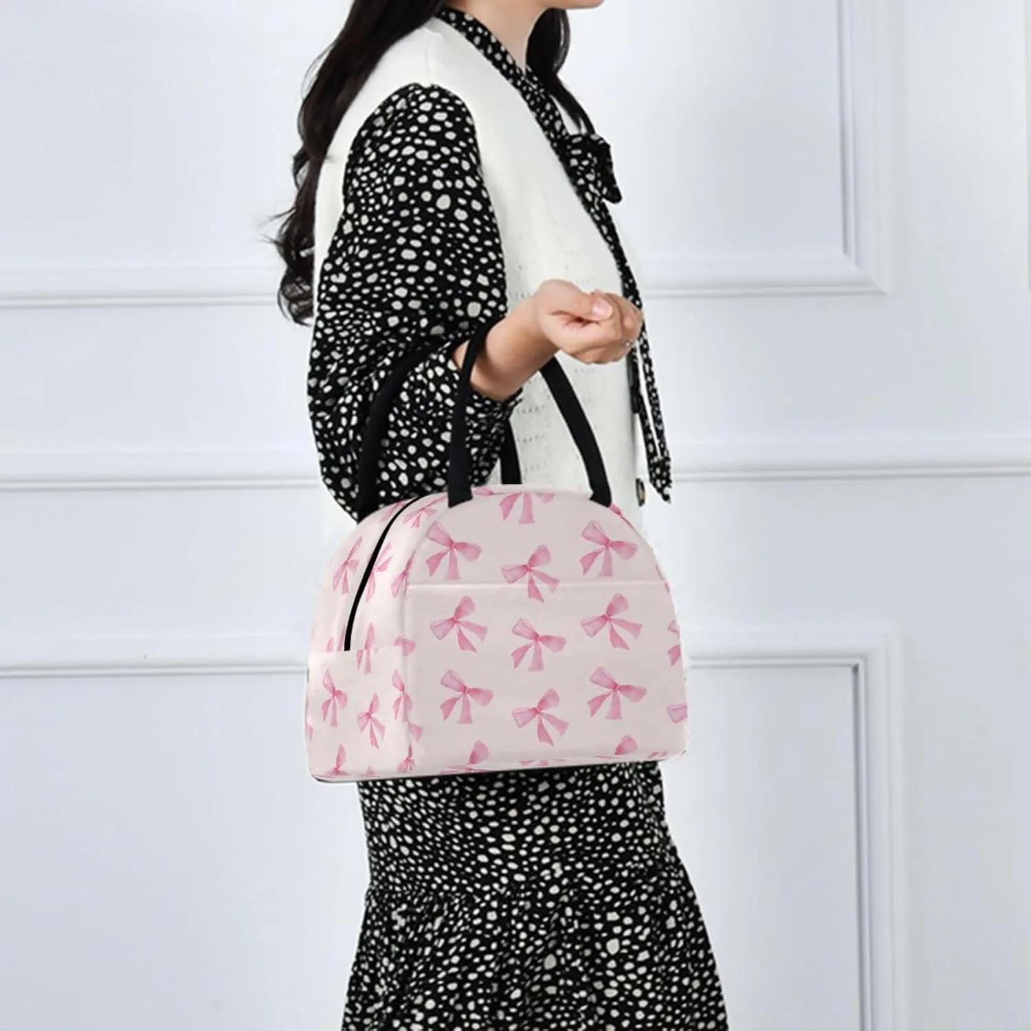 Pink Bow Lunch Bag, Insulated Lunch Box, Small Leakproof Cooler Food Lunch Containers Reusable Lunch Tote Bags for Work, Travel, Outdoor