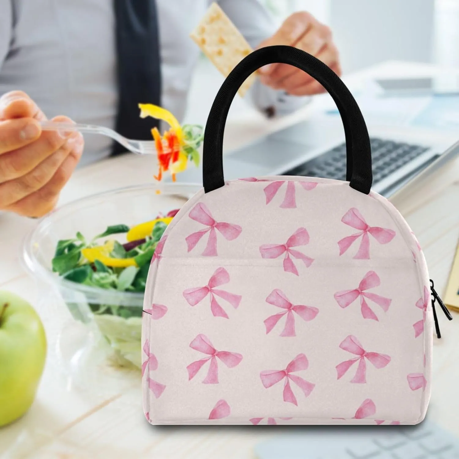 Pink Bow Lunch Bag, Insulated Lunch Box, Small Leakproof Cooler Food Lunch Containers Reusable Lunch Tote Bags for Work, Travel, Outdoor