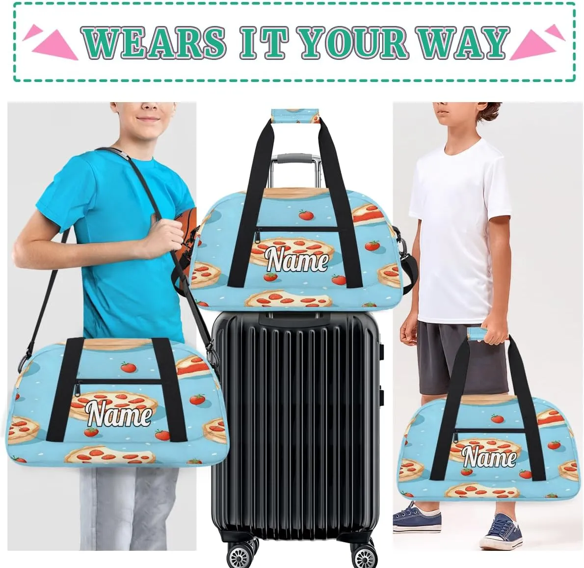 Pizza Cheese Print Personalized Dance Bag for Girls Boys Sport Duffel Bag with Your Name Kids Gymnastics Travel Bags
