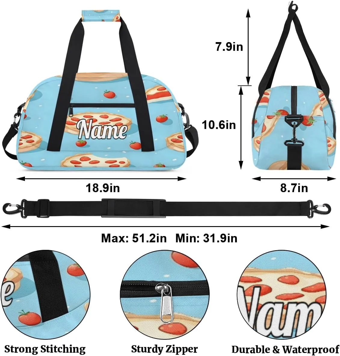 Pizza Cheese Print Personalized Dance Bag for Girls Boys Sport Duffel Bag with Your Name Kids Gymnastics Travel Bags