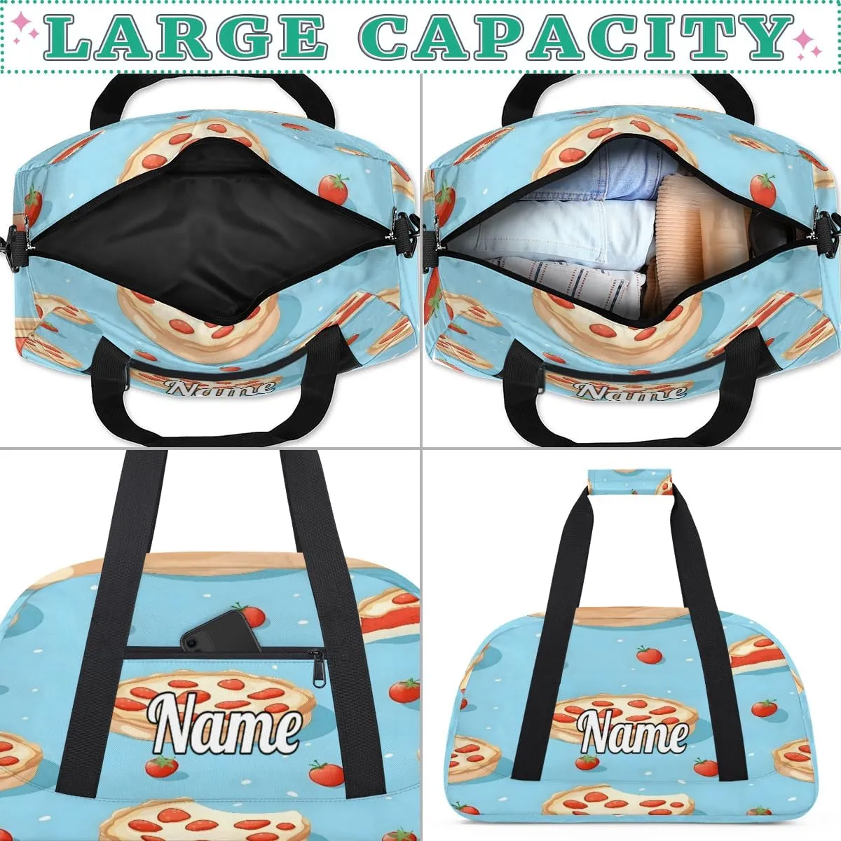 Pizza Cheese Print Personalized Dance Bag for Girls Boys Sport Duffel Bag with Your Name Kids Gymnastics Travel Bags