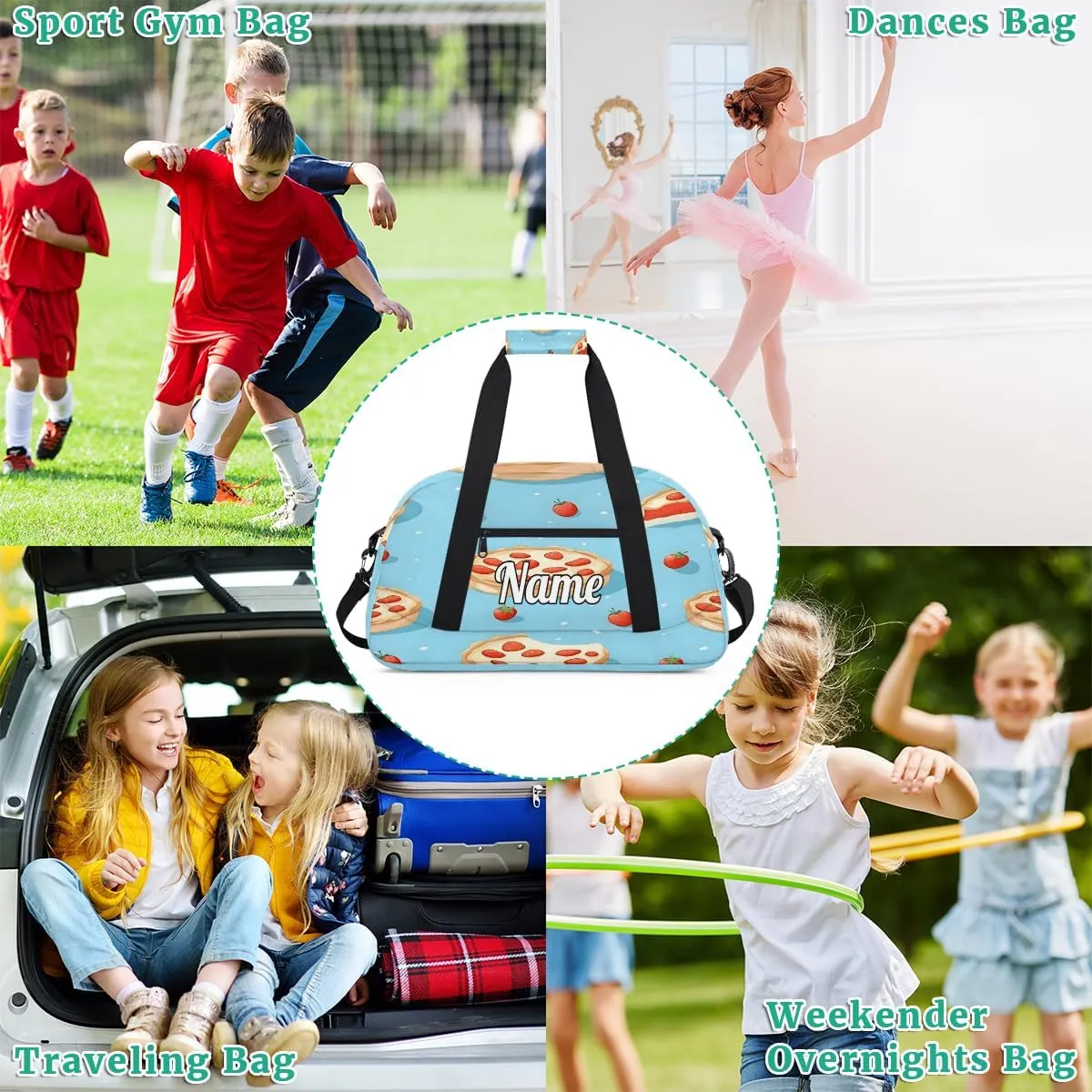 Pizza Cheese Print Personalized Dance Bag for Girls Boys Sport Duffel Bag with Your Name Kids Gymnastics Travel Bags
