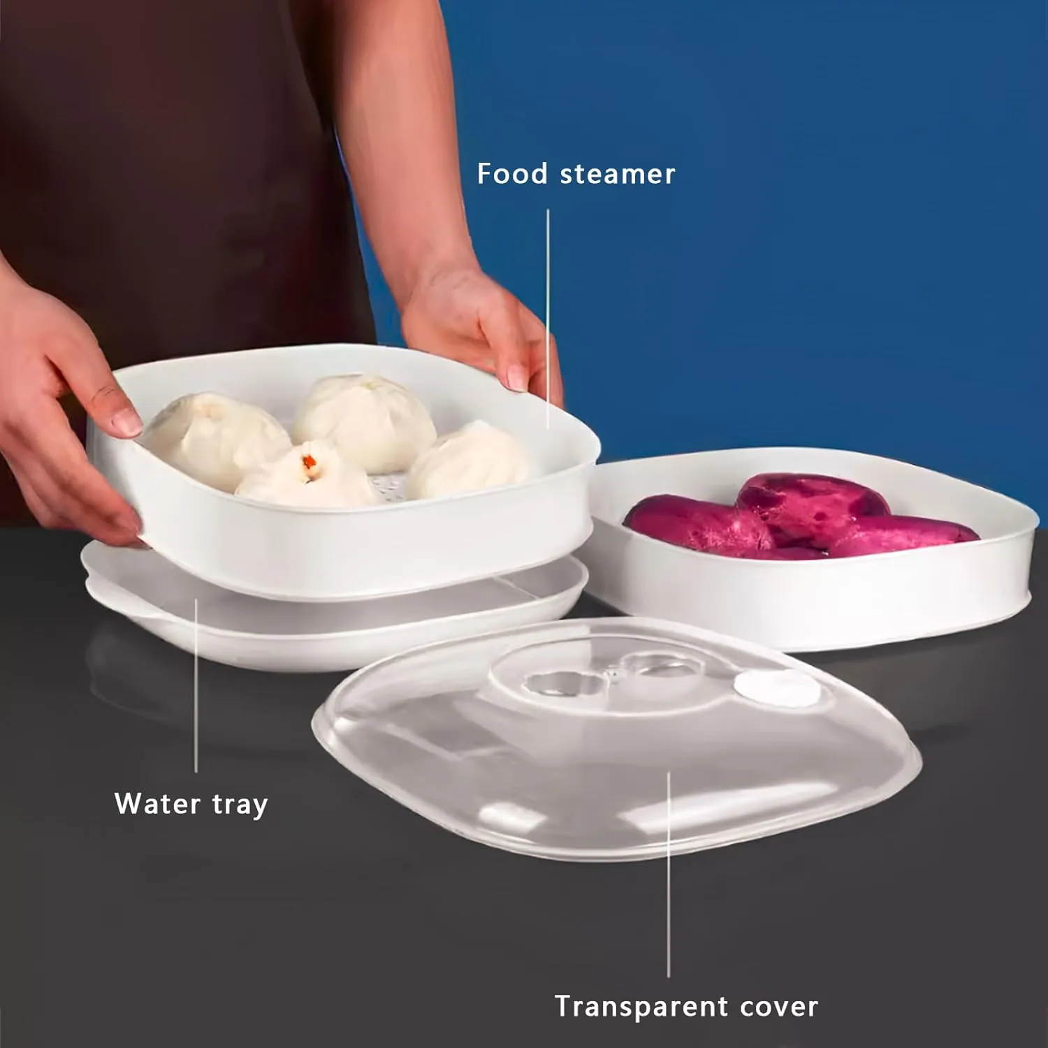 Plastic Microwave Heating Steamer with Lid and Tray