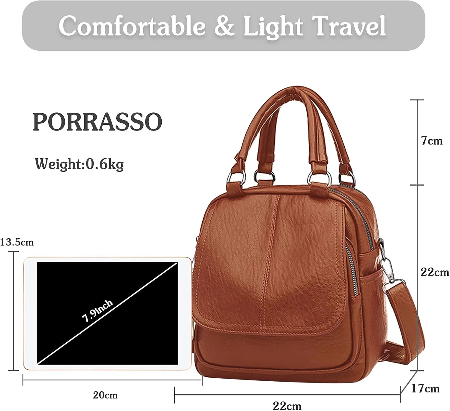 PORRASSO Backpack Purse Women Crossbody Bag Ladies Small Rucksack PU Waterproof Shoulder Bag Handbag Daypack for Travel Shopping Dating Brown