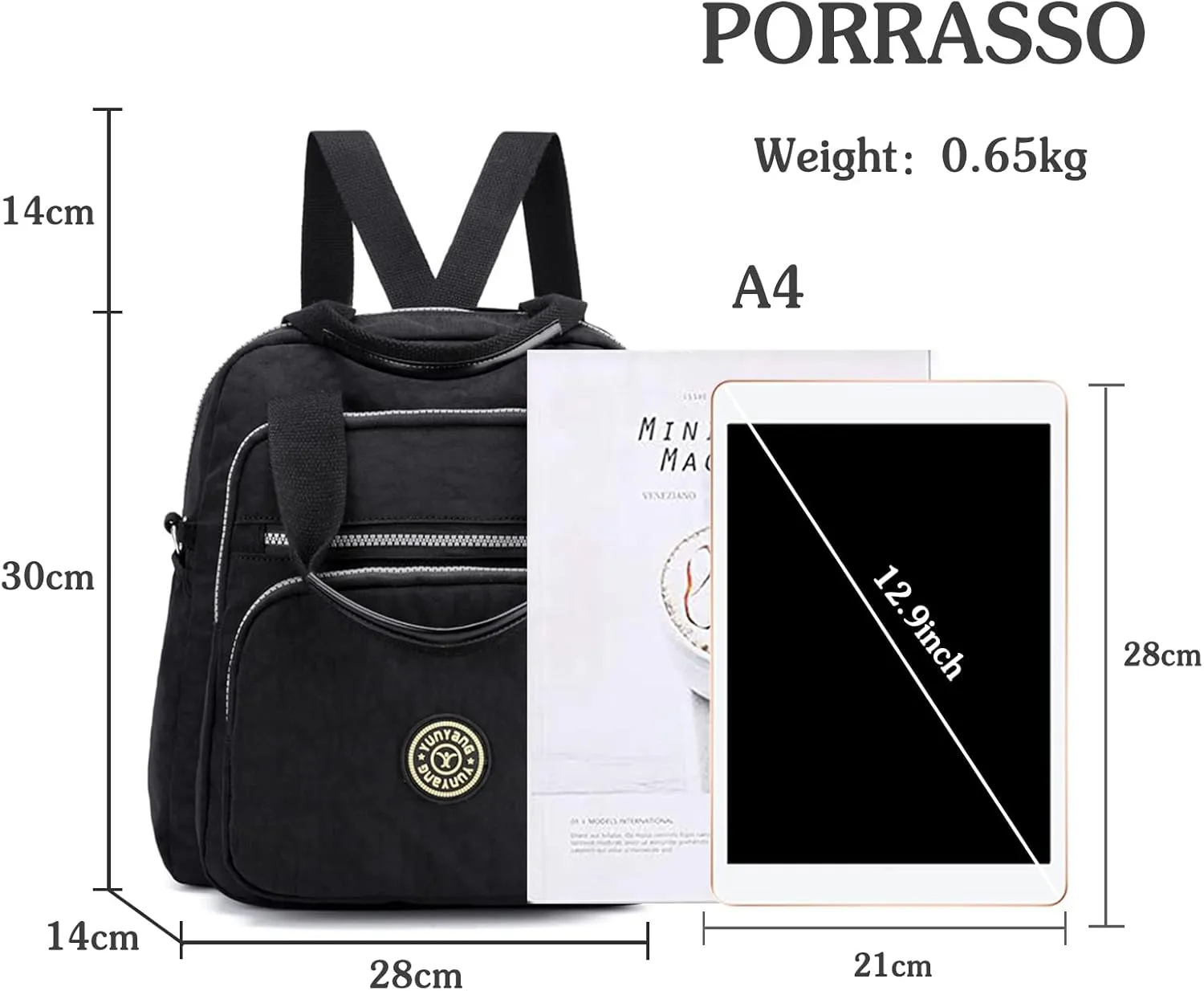 PORRASSO Casual Backpack Women Shoulder Bag Ladies Crossbody Bag Nylon Handbag Daypack for Work Travel Daily Use Black