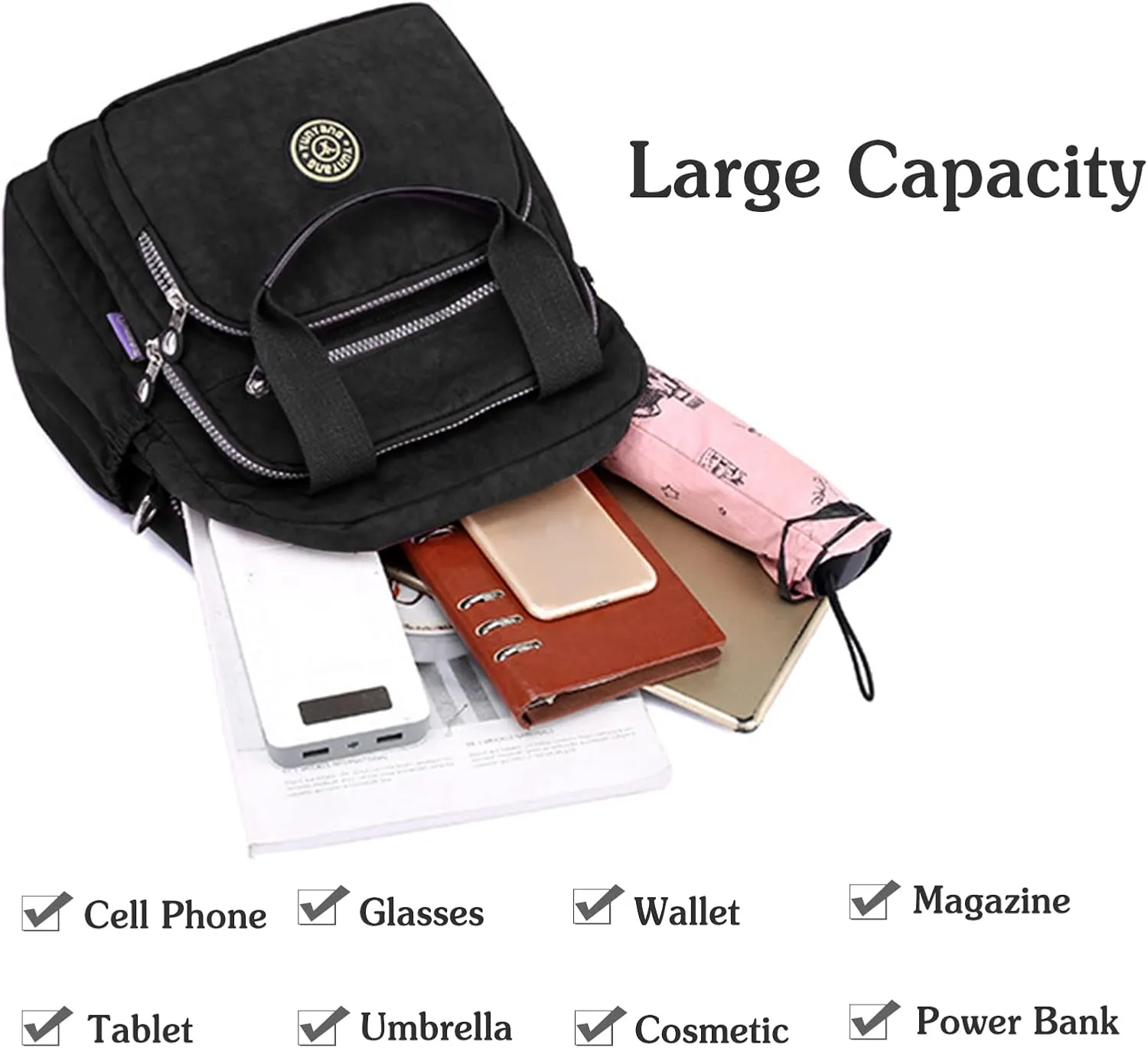 PORRASSO Casual Backpack Women Shoulder Bag Ladies Crossbody Bag Nylon Handbag Daypack for Work Travel Daily Use Black