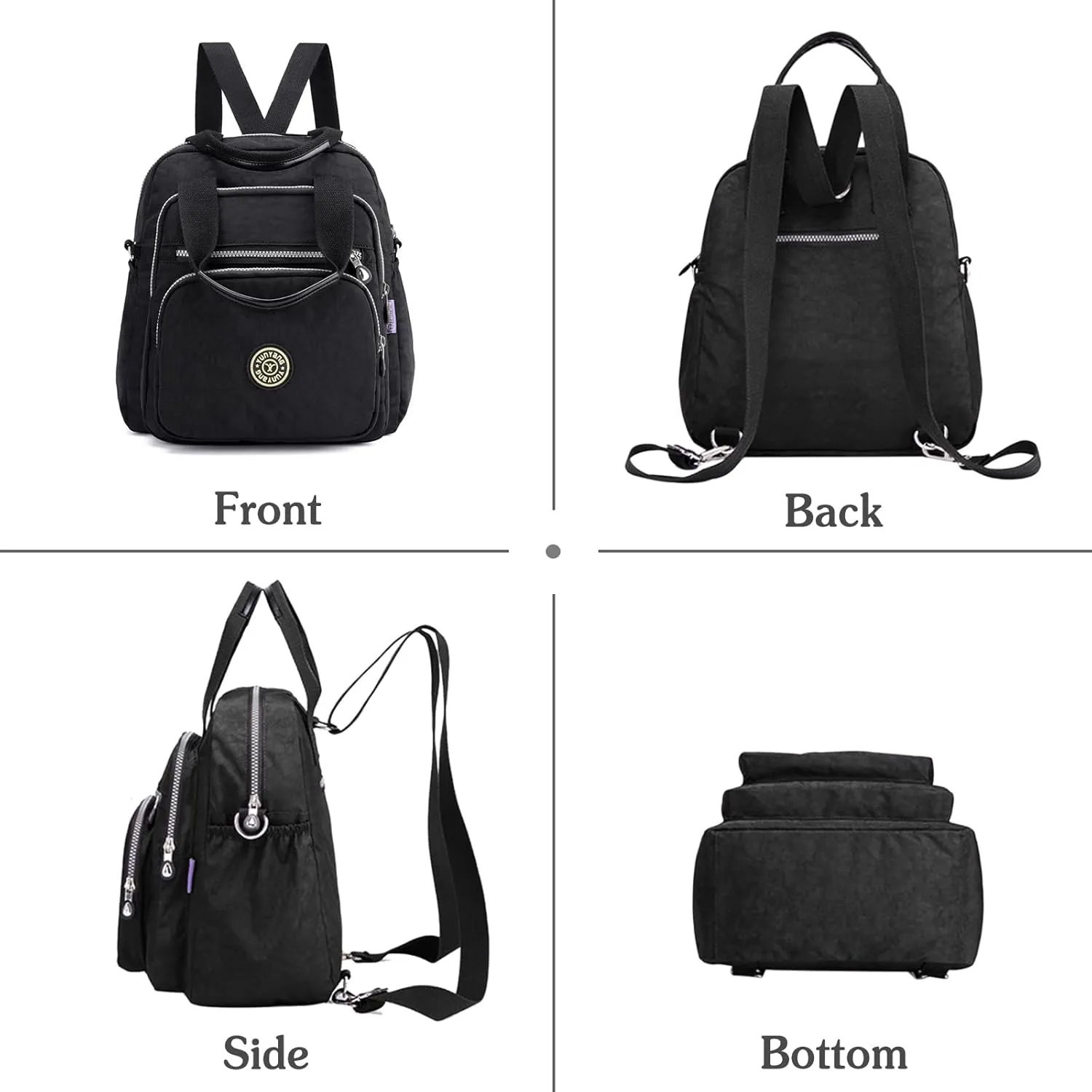 PORRASSO Casual Backpack Women Shoulder Bag Ladies Crossbody Bag Nylon Handbag Daypack for Work Travel Daily Use Black