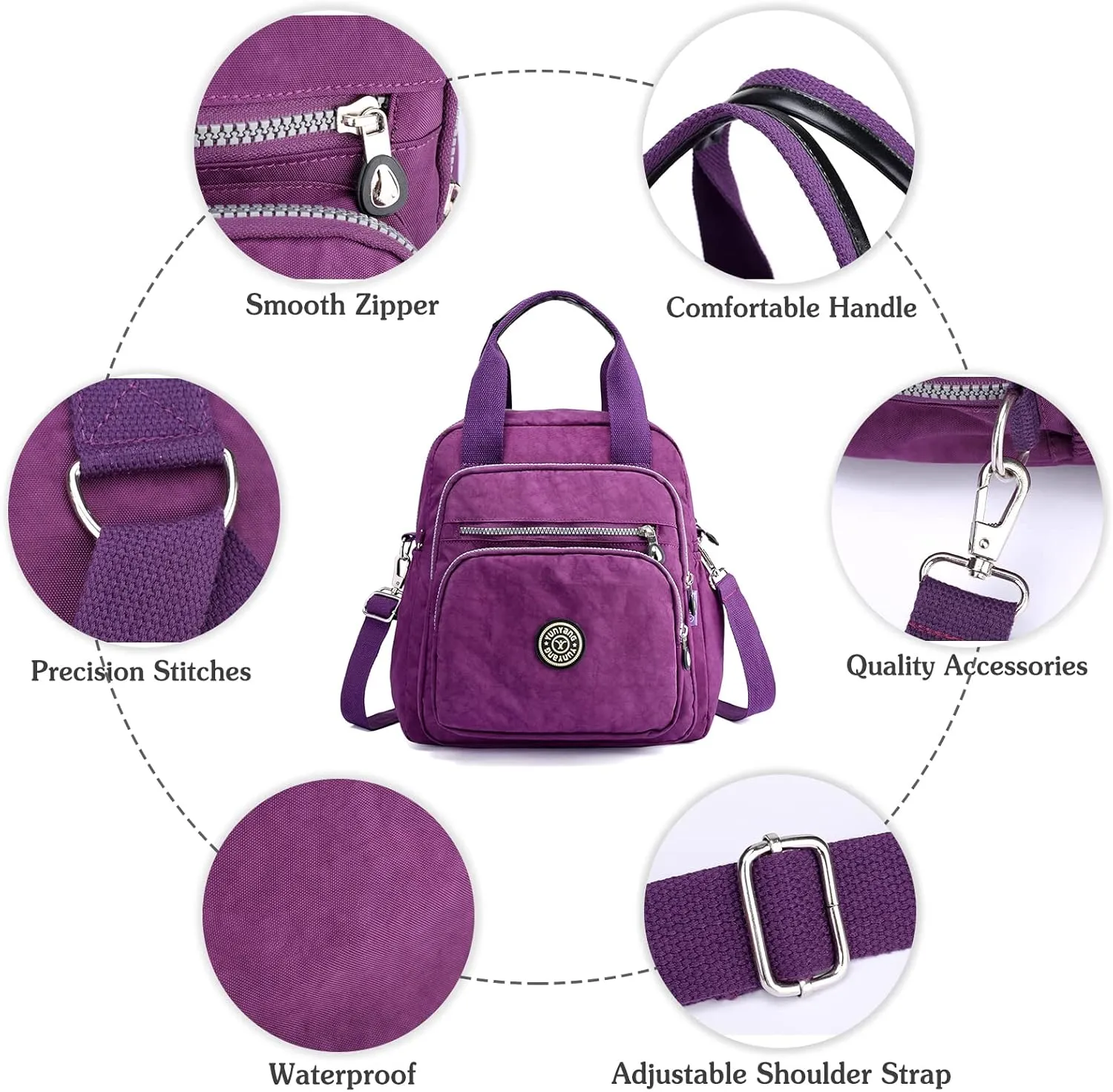 PORRASSO Casual Backpack Women Shoulder Bag Ladies Crossbody Bag Nylon Handbag Daypack for Work Travel Daily Use Black