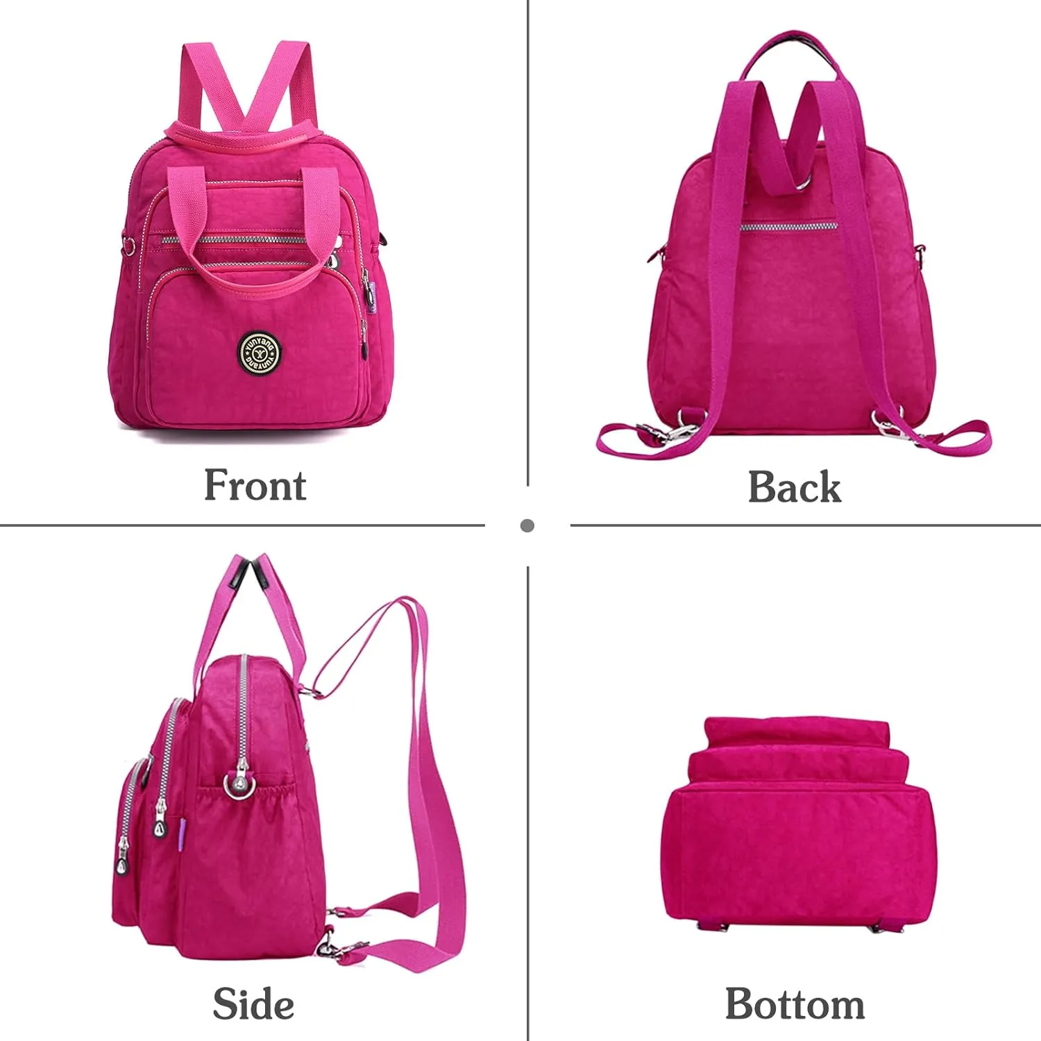 PORRASSO Casual Backpack Women Shoulder Bag Ladies Crossbody Bag Nylon Handbag Daypack for Work Travel Daily Use Rose Red