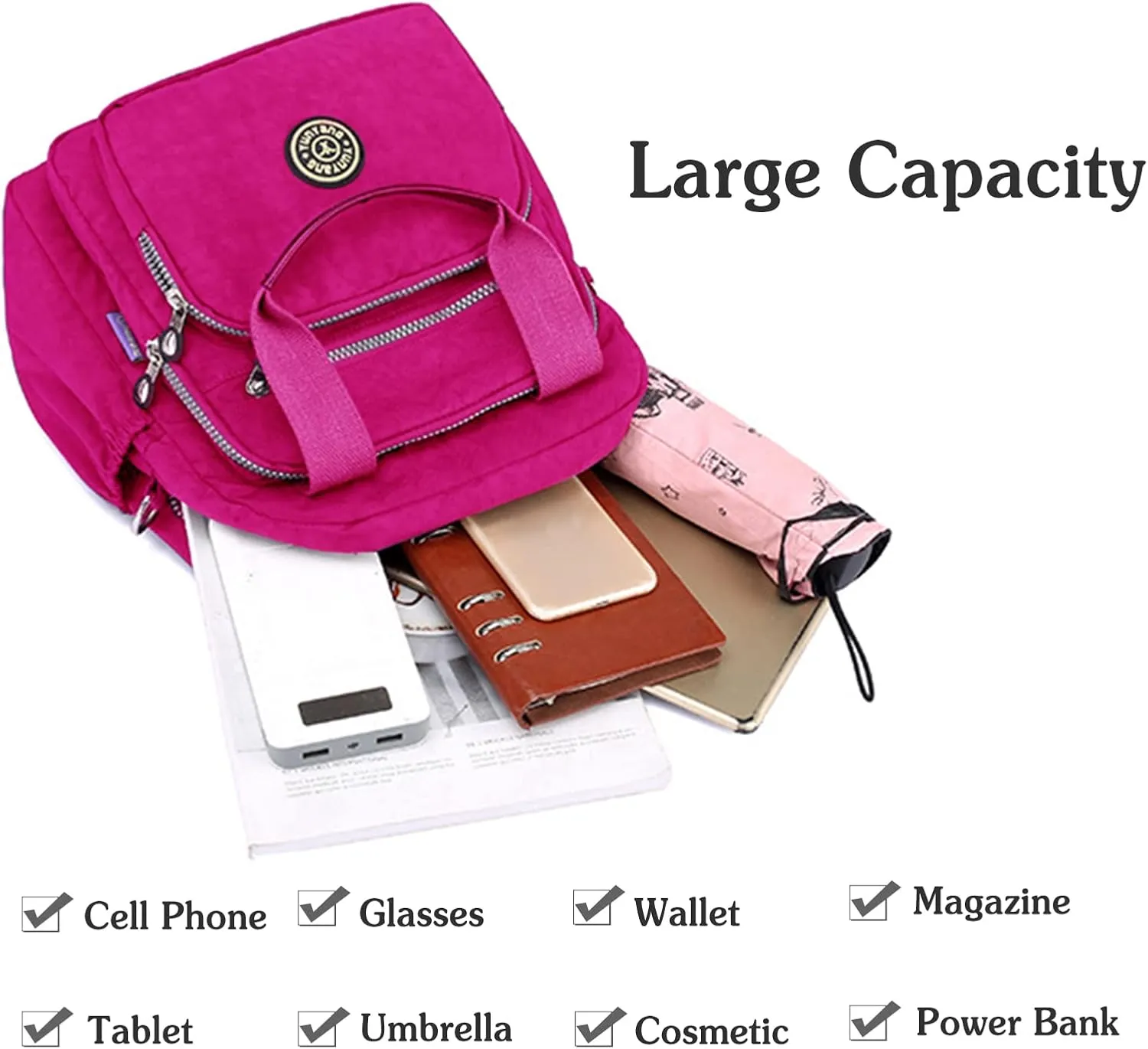 PORRASSO Casual Backpack Women Shoulder Bag Ladies Crossbody Bag Nylon Handbag Daypack for Work Travel Daily Use Rose Red