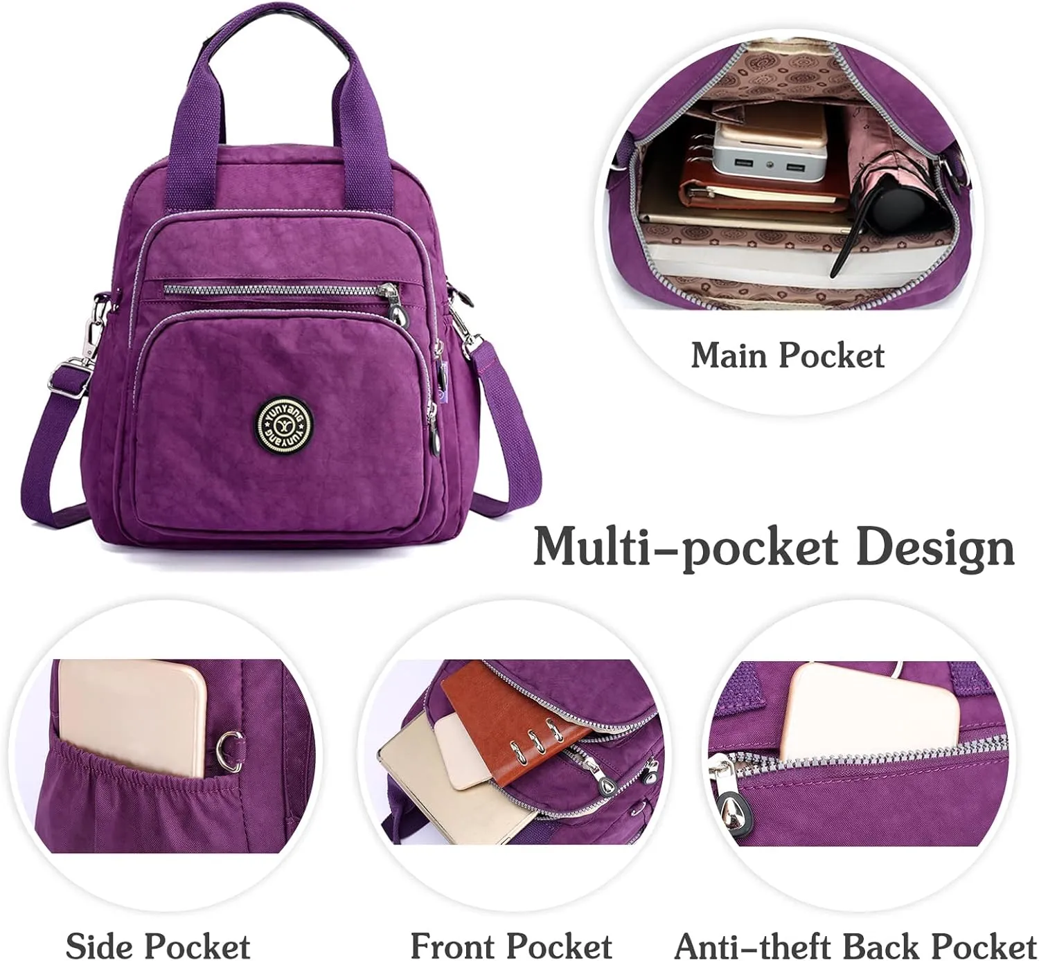 PORRASSO Casual Backpack Women Shoulder Bag Ladies Crossbody Bag Nylon Handbag Daypack for Work Travel Daily Use Rose Red