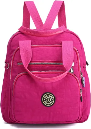 PORRASSO Casual Backpack Women Shoulder Bag Ladies Crossbody Bag Nylon Handbag Daypack for Work Travel Daily Use Rose Red