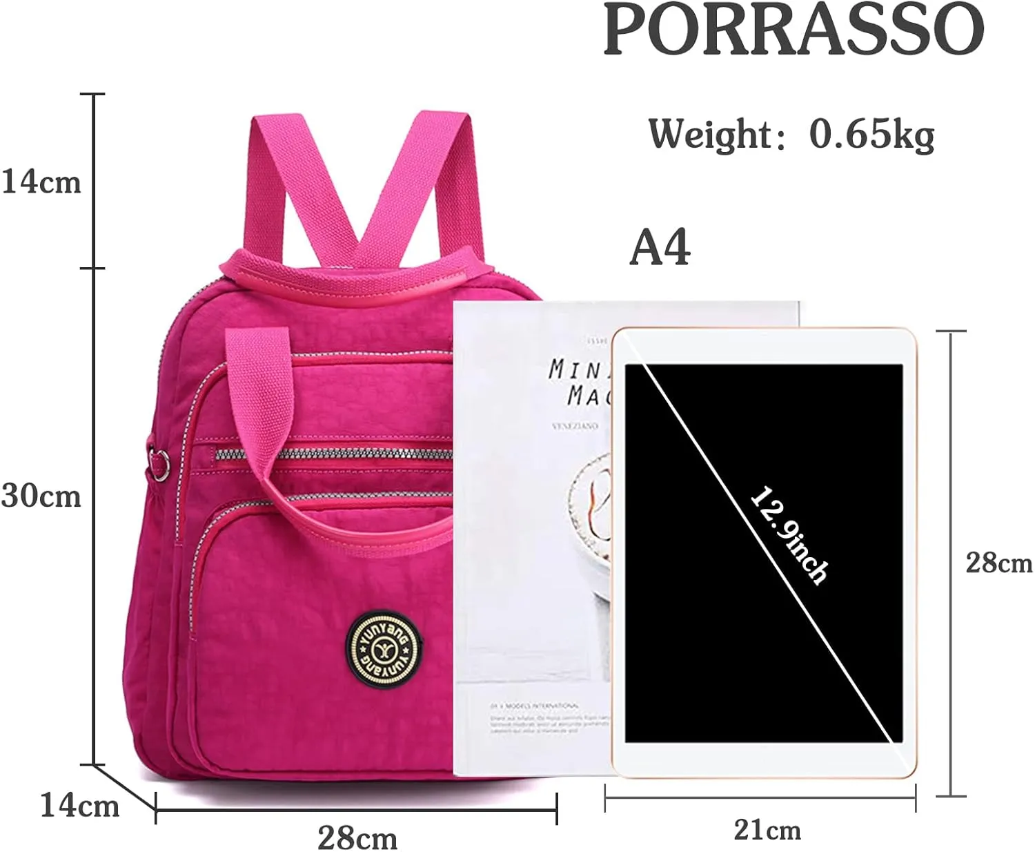 PORRASSO Casual Backpack Women Shoulder Bag Ladies Crossbody Bag Nylon Handbag Daypack for Work Travel Daily Use Rose Red