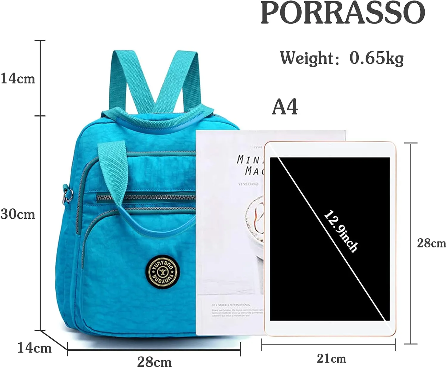 PORRASSO Casual Backpack Women Shoulder Bag Ladies Crossbody Bag Nylon Handbag Girl Daypack for Work Travel Daily Use Blue