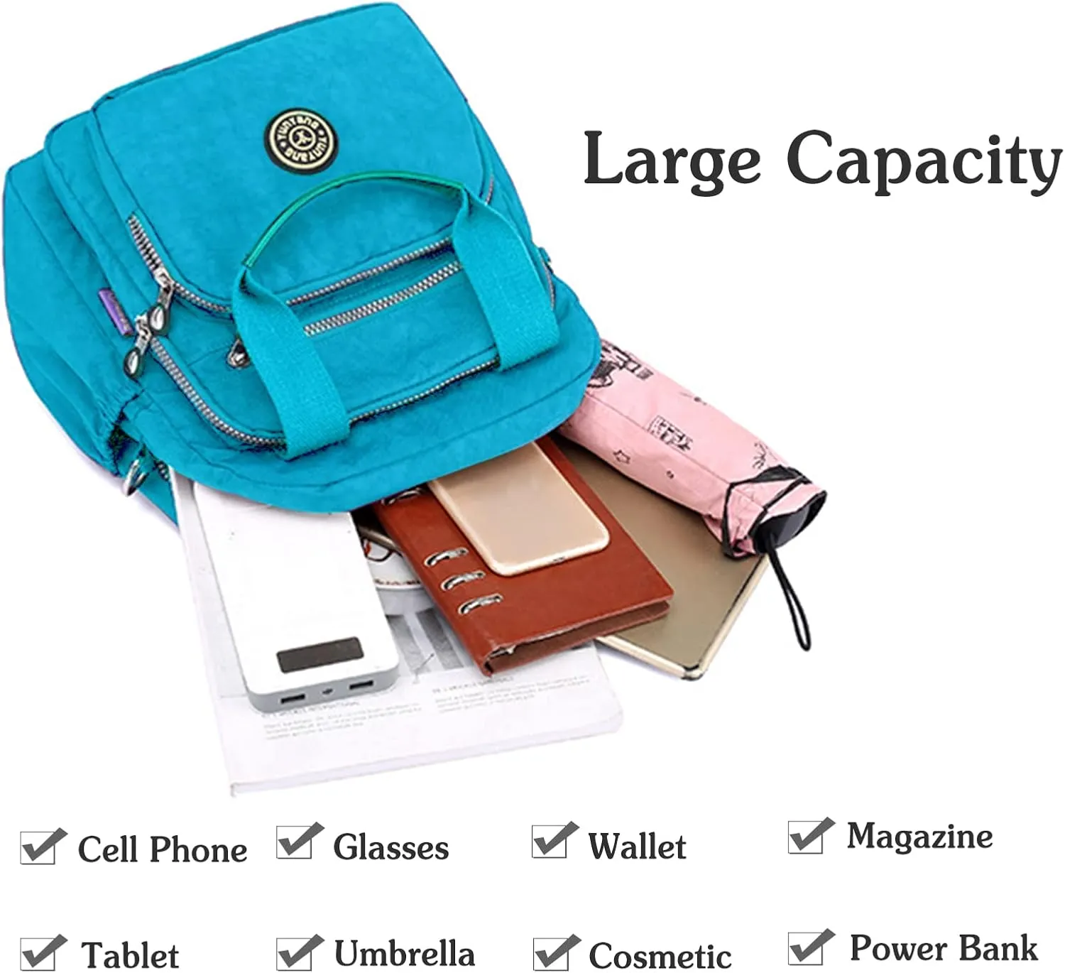 PORRASSO Casual Backpack Women Shoulder Bag Ladies Crossbody Bag Nylon Handbag Girl Daypack for Work Travel Daily Use Blue