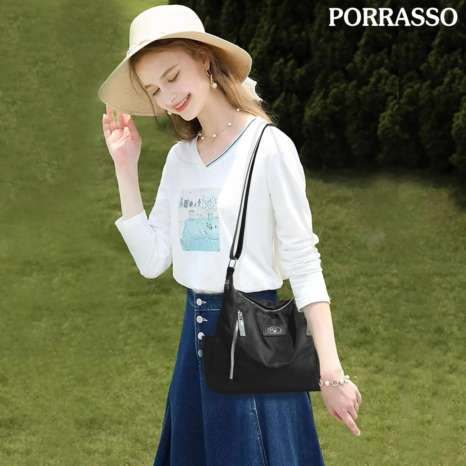 PORRASSO Casual Crossbody Bag Women Shoulder Bag Oxford Cloth Messenger Bag Ladies Satchel for Dating Travel Daily Use Black